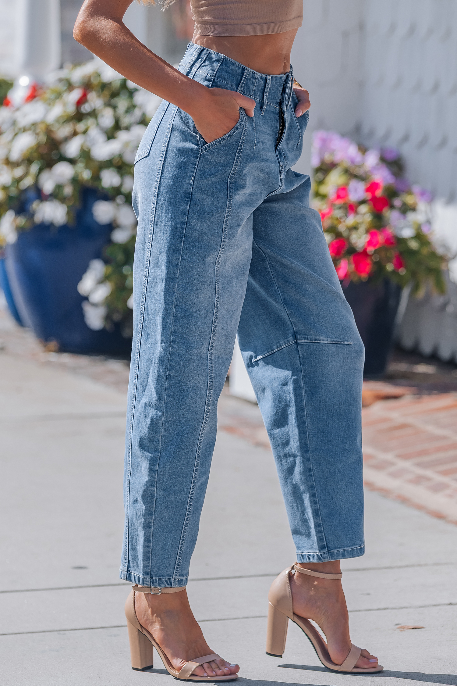 Sky Blue Medium Wash Cuffed Barrel Jeans view 9