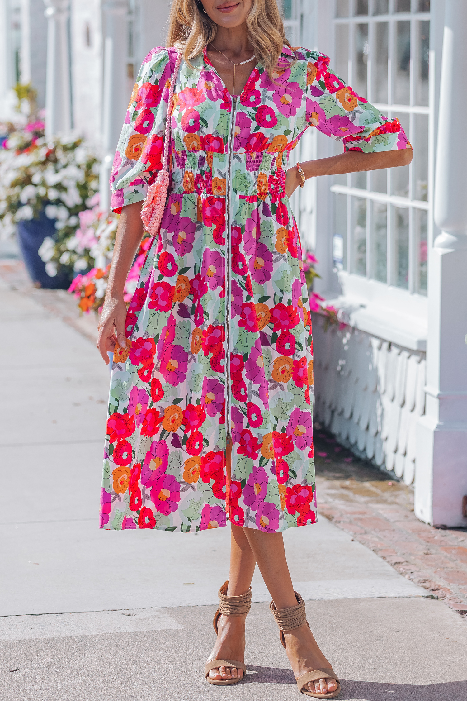 Rose Vibrant Floral Print V Neck Zip Up Puffy Half Sleeve Dress view 7