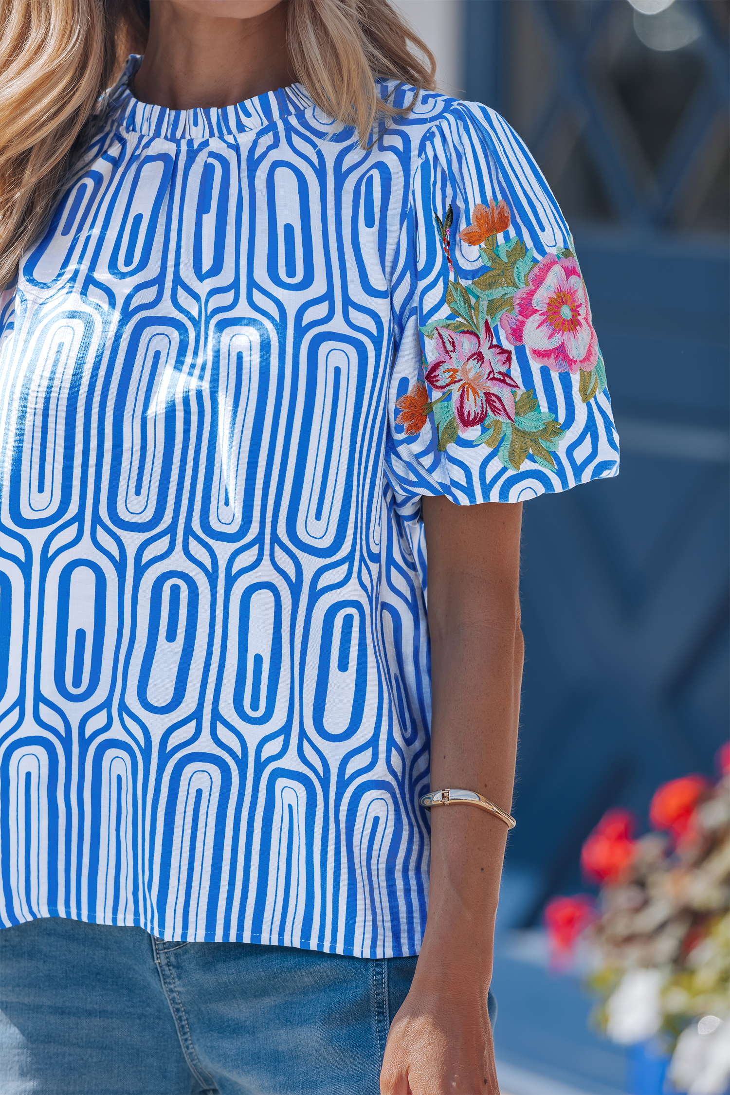 Sky Blue Unique Geometry Print Floral Embroidered Puff Sleeve Blouse view 8
