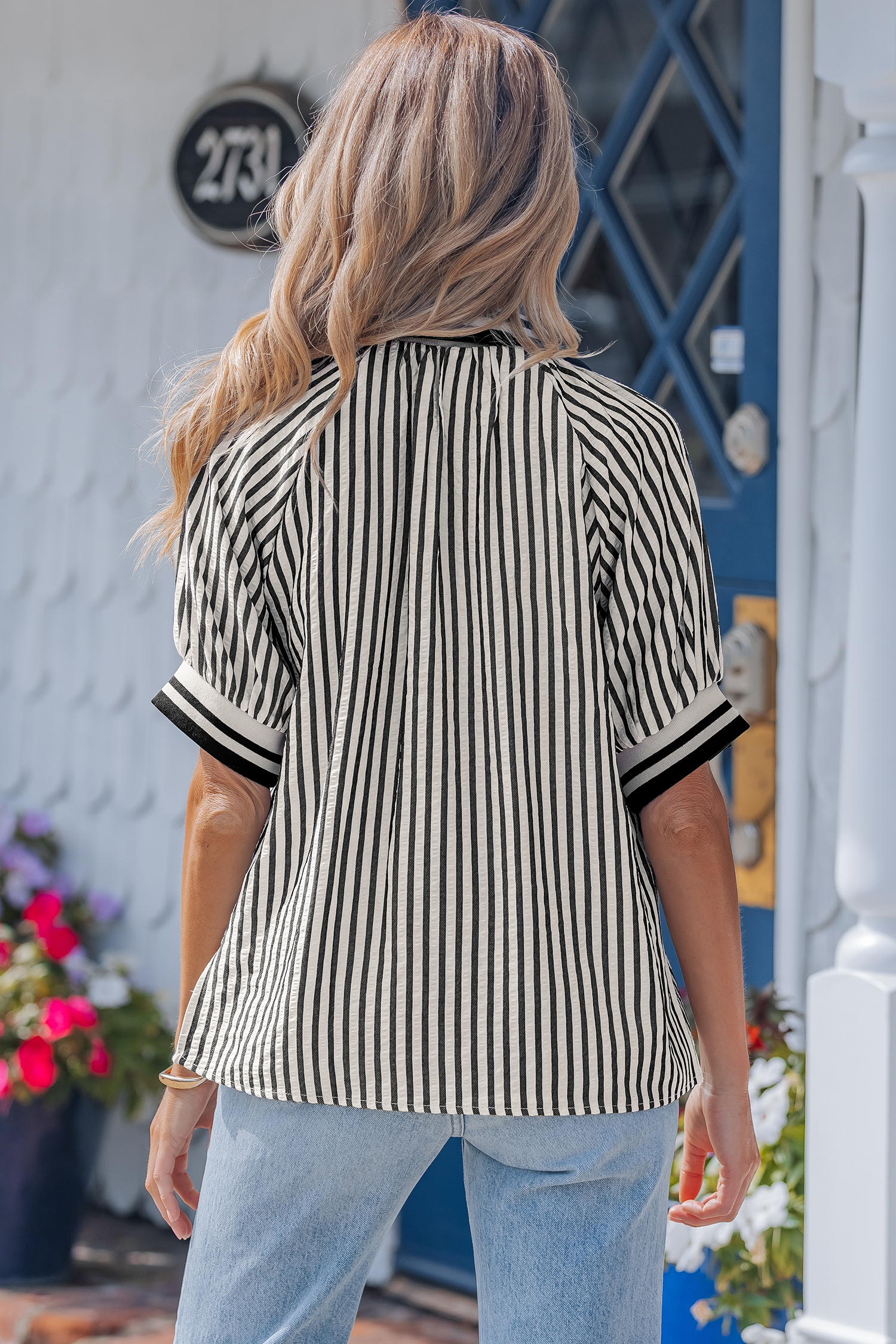 Black Stripe Polo Collar Half Zip Short Puff Sleeve Blouse view 3