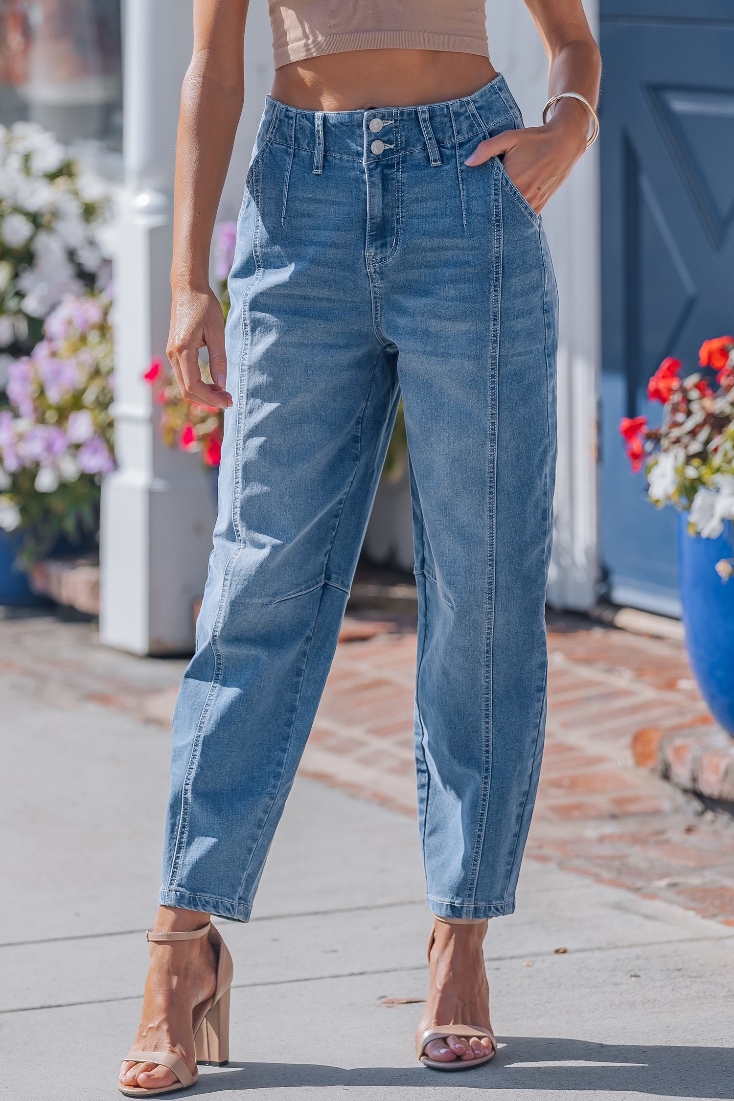 Sky Blue Medium Wash Cuffed Barrel Jeans view 7