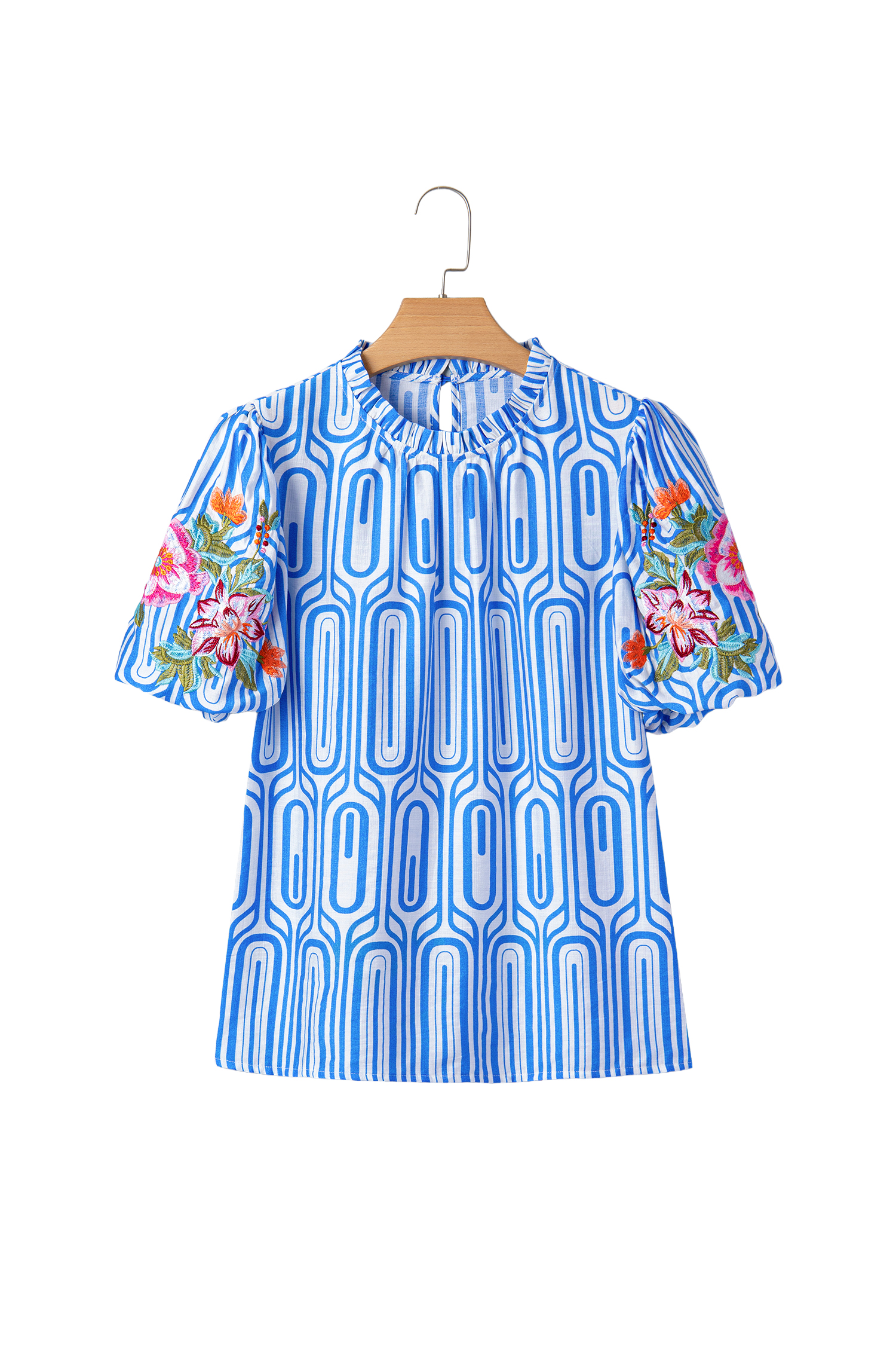 Sky Blue Unique Geometry Print Floral Embroidered Puff Sleeve Blouse view 24