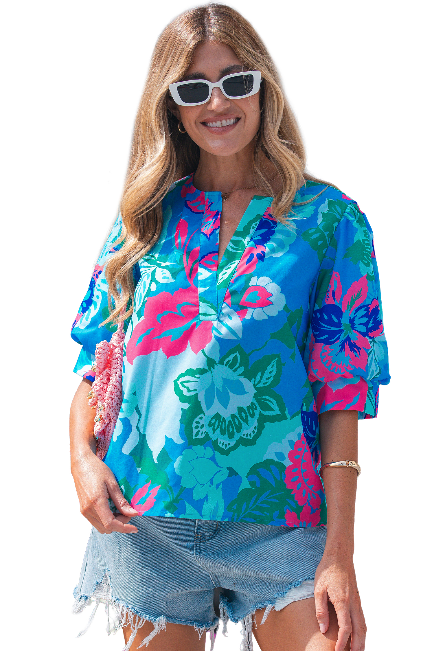 Sky Blue Floral Print V Neck Half Sleeve Blouse view 19