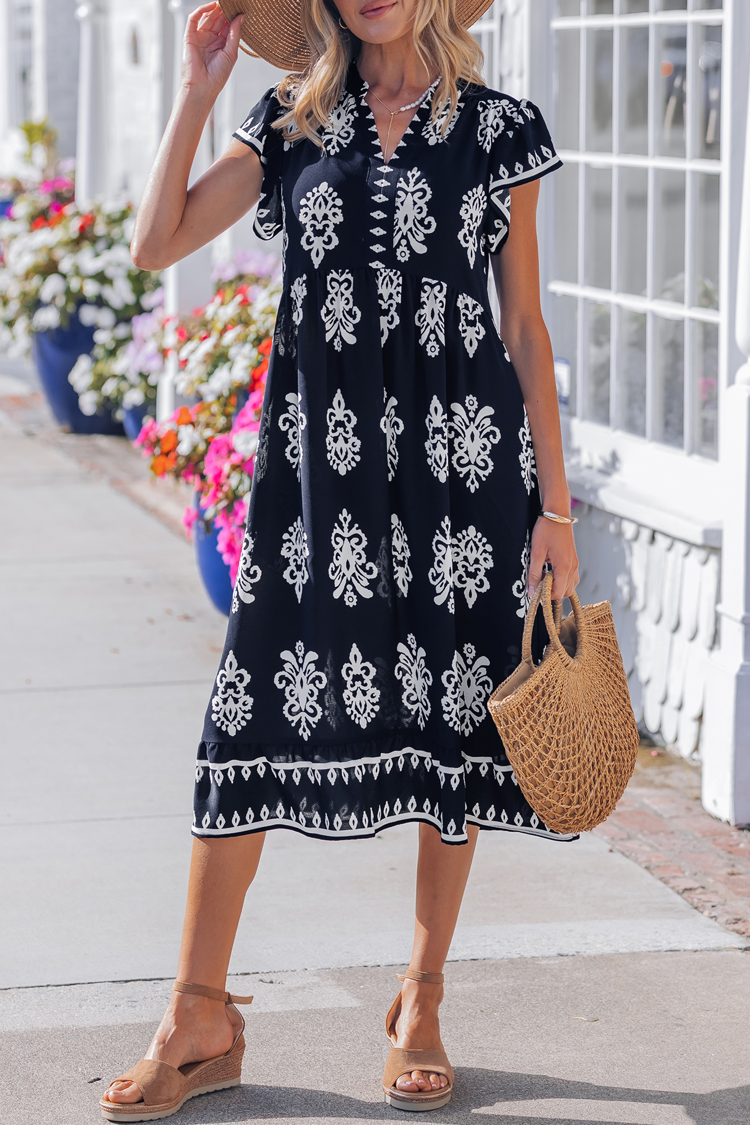 Blue Western Ethnic Print Notched Neck Short Sleeve Midi Dress view 8