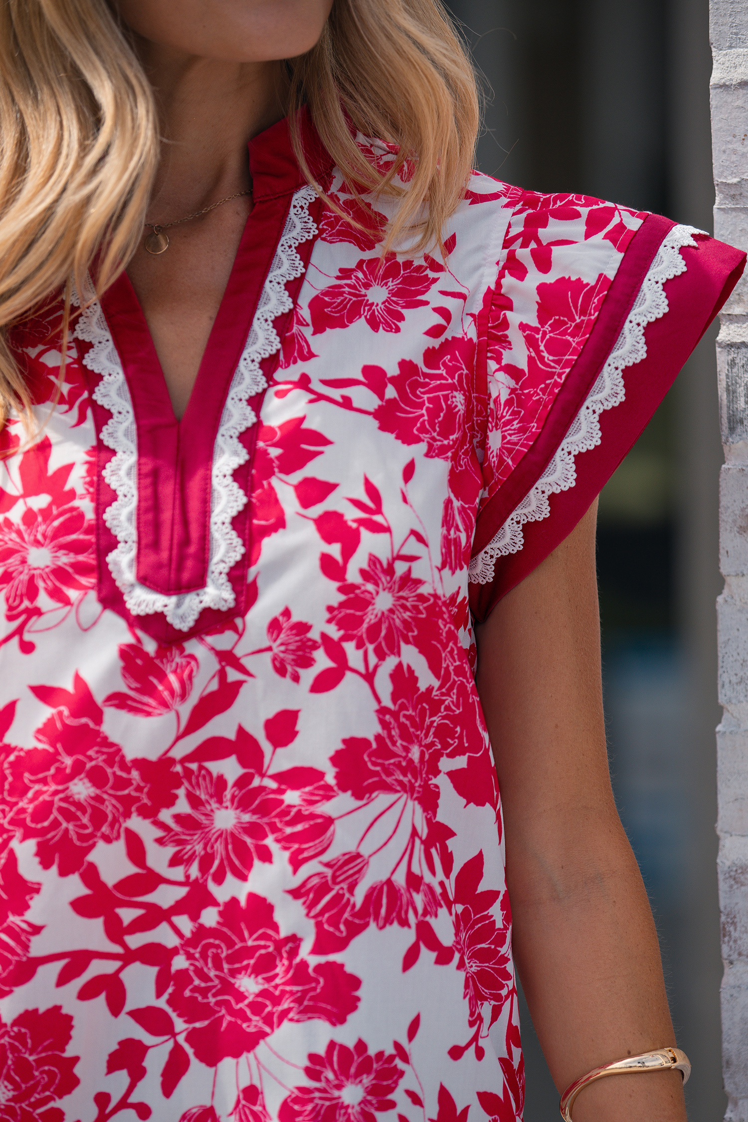 Red Floral Print Color Block Trim Lace Detail V Neck Flutter Sleeve Blouse view 7