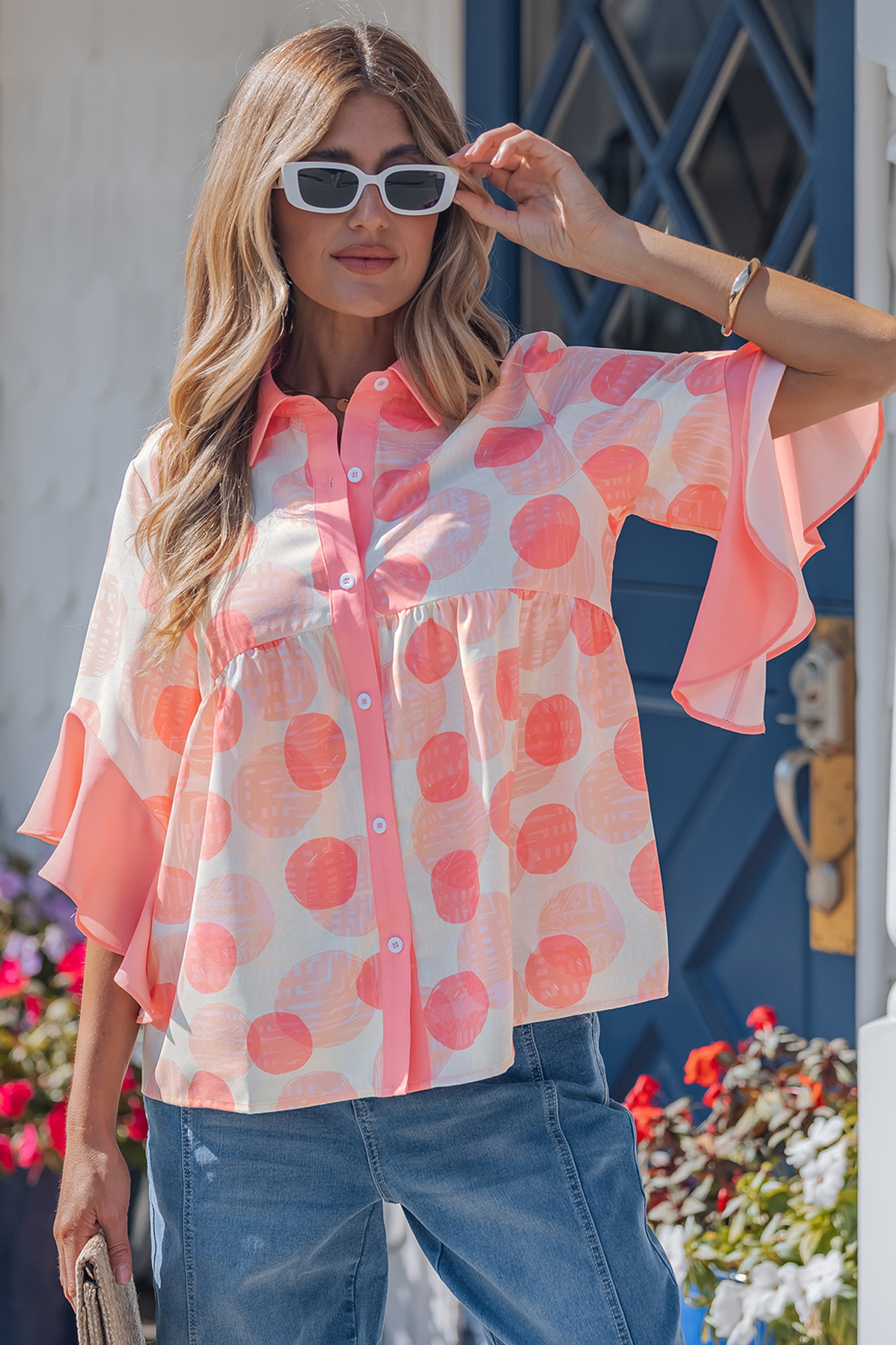 Pink Double Polka Dot Printed Ruffle Trim Short Sleeve Babydoll Shirt view 4