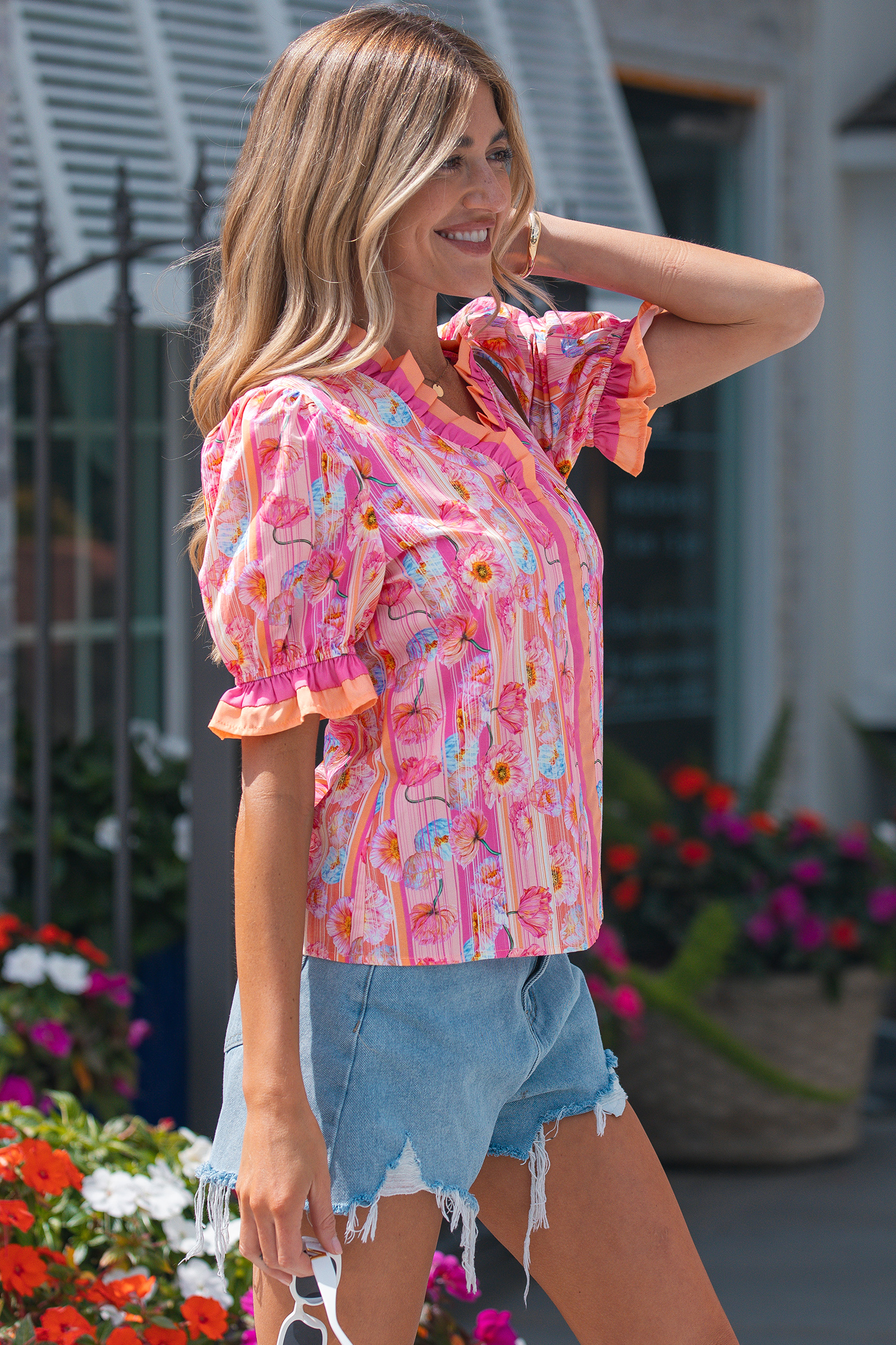 Pink Poppy Flower Striped Print Color Block Trim V Neck Short Sleeve Blouse view 3