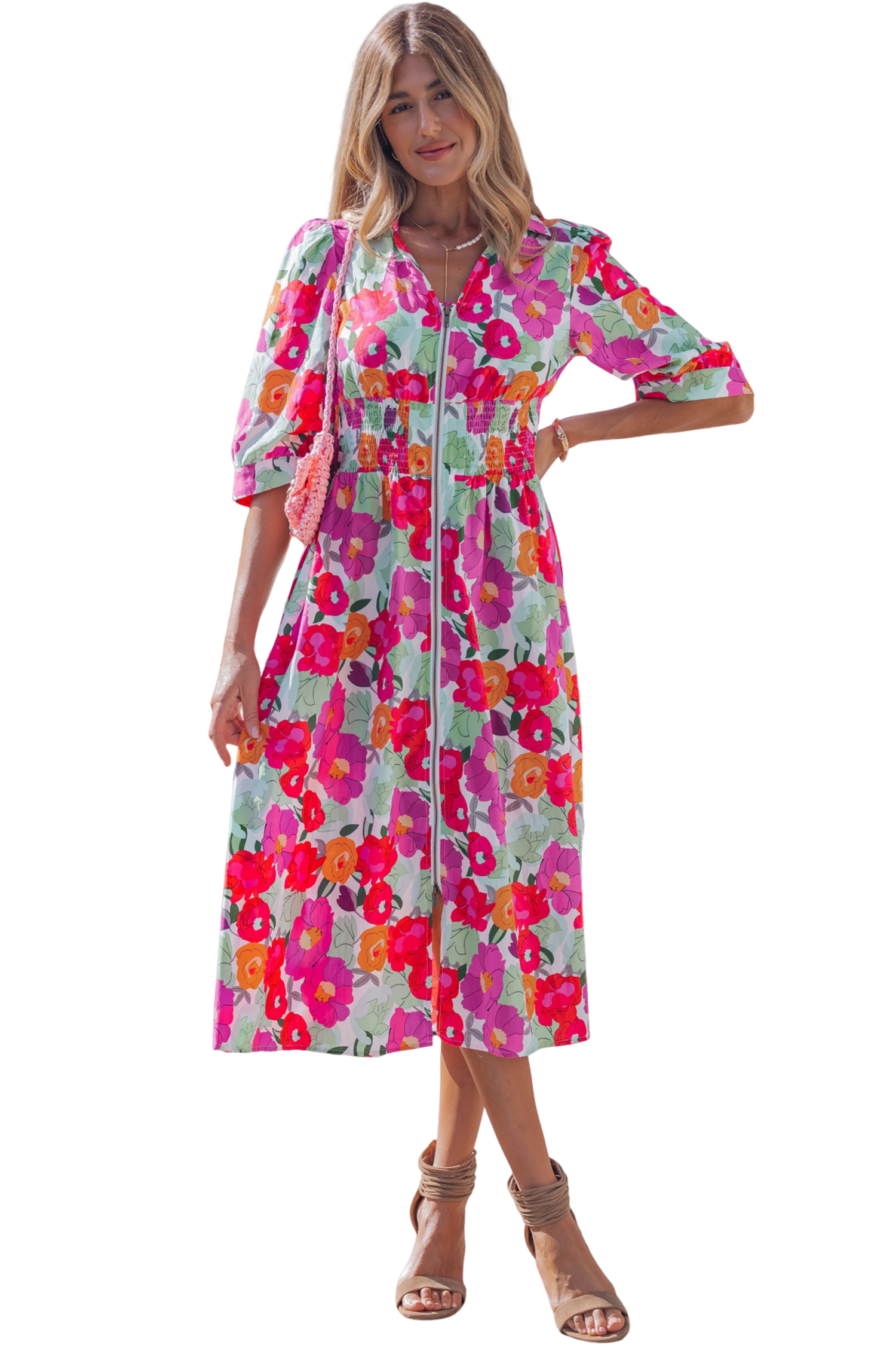 Rose Vibrant Floral Print V Neck Zip Up Puffy Half Sleeve Dress view 24