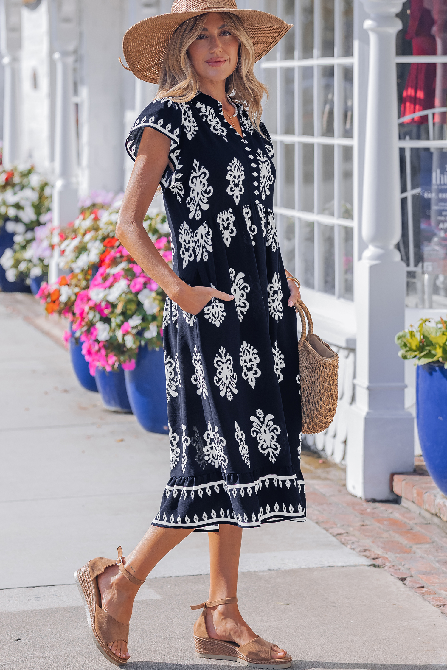 Blue Western Ethnic Print Notched Neck Short Sleeve Midi Dress view 6