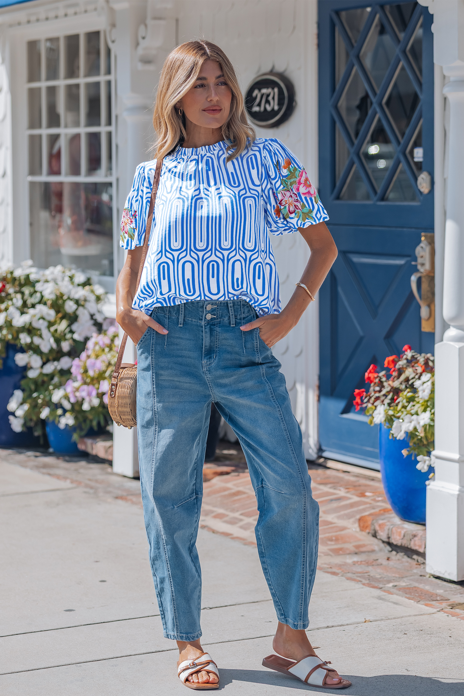 Sky Blue Unique Geometry Print Floral Embroidered Puff Sleeve Blouse view 5