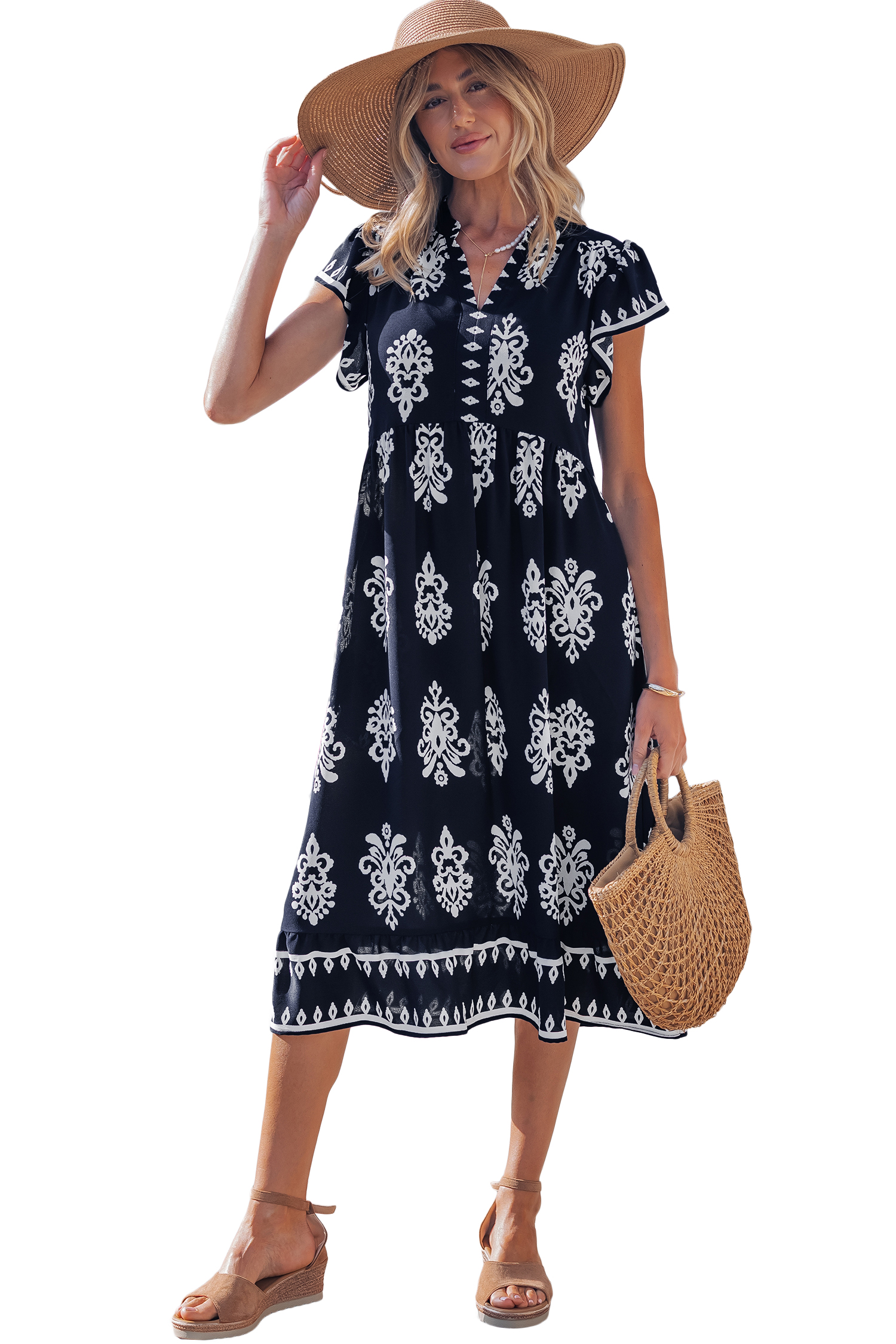 Blue Western Ethnic Print Notched Neck Short Sleeve Midi Dress view 20