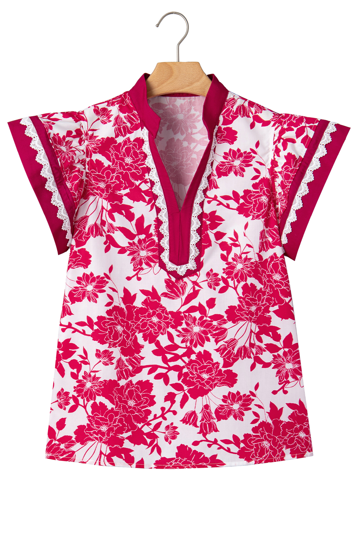 Red Floral Print Color Block Trim Lace Detail V Neck Flutter Sleeve Blouse view 22