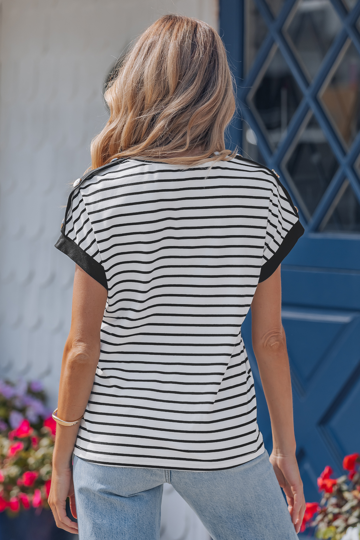 Black Stripe Cuffed Sleeve Button Detail Loose Tee view 2