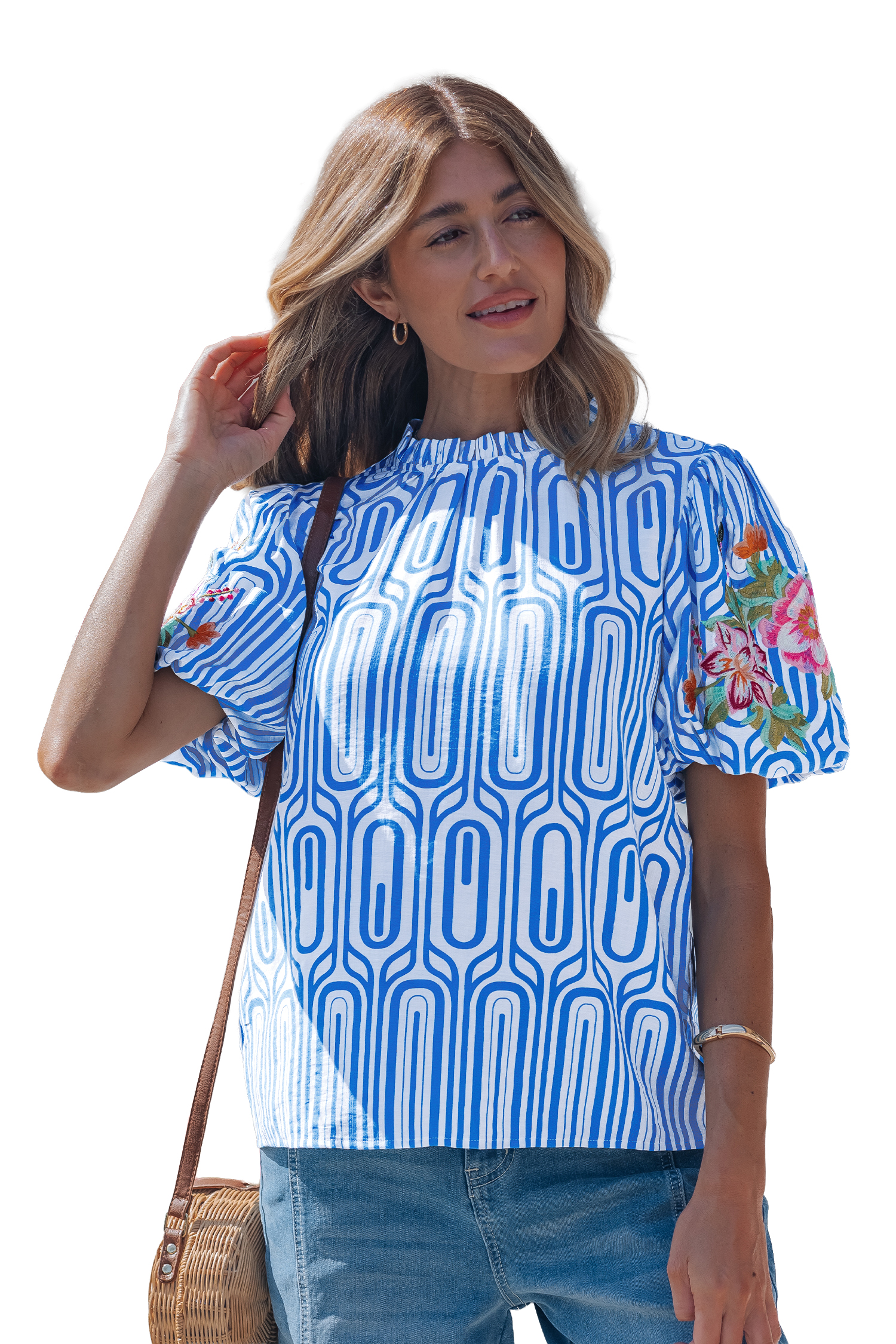 Sky Blue Unique Geometry Print Floral Embroidered Puff Sleeve Blouse view 23