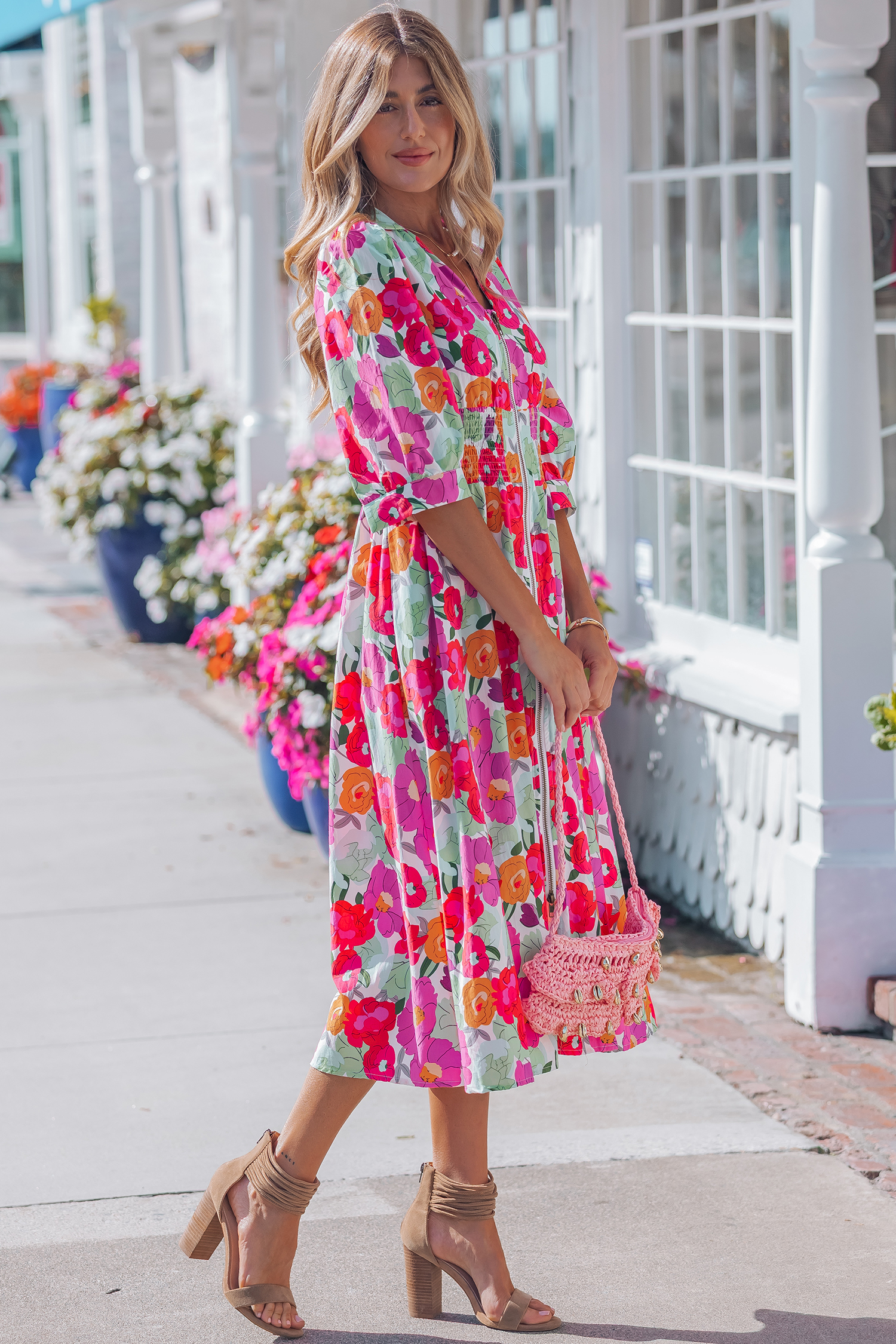 Rose Vibrant Floral Print V Neck Zip Up Puffy Half Sleeve Dress view 3