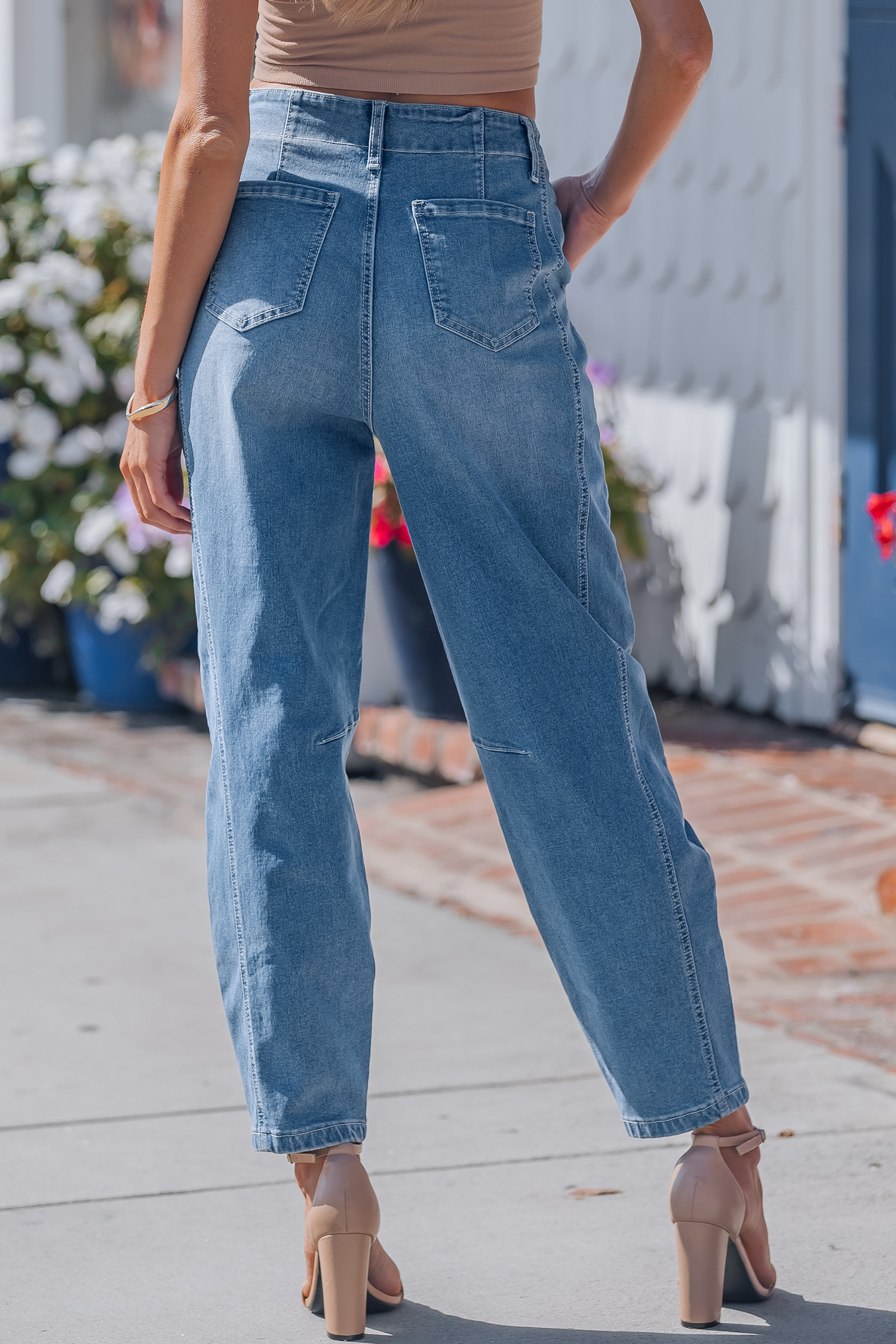 Sky Blue Medium Wash Cuffed Barrel Jeans view 13