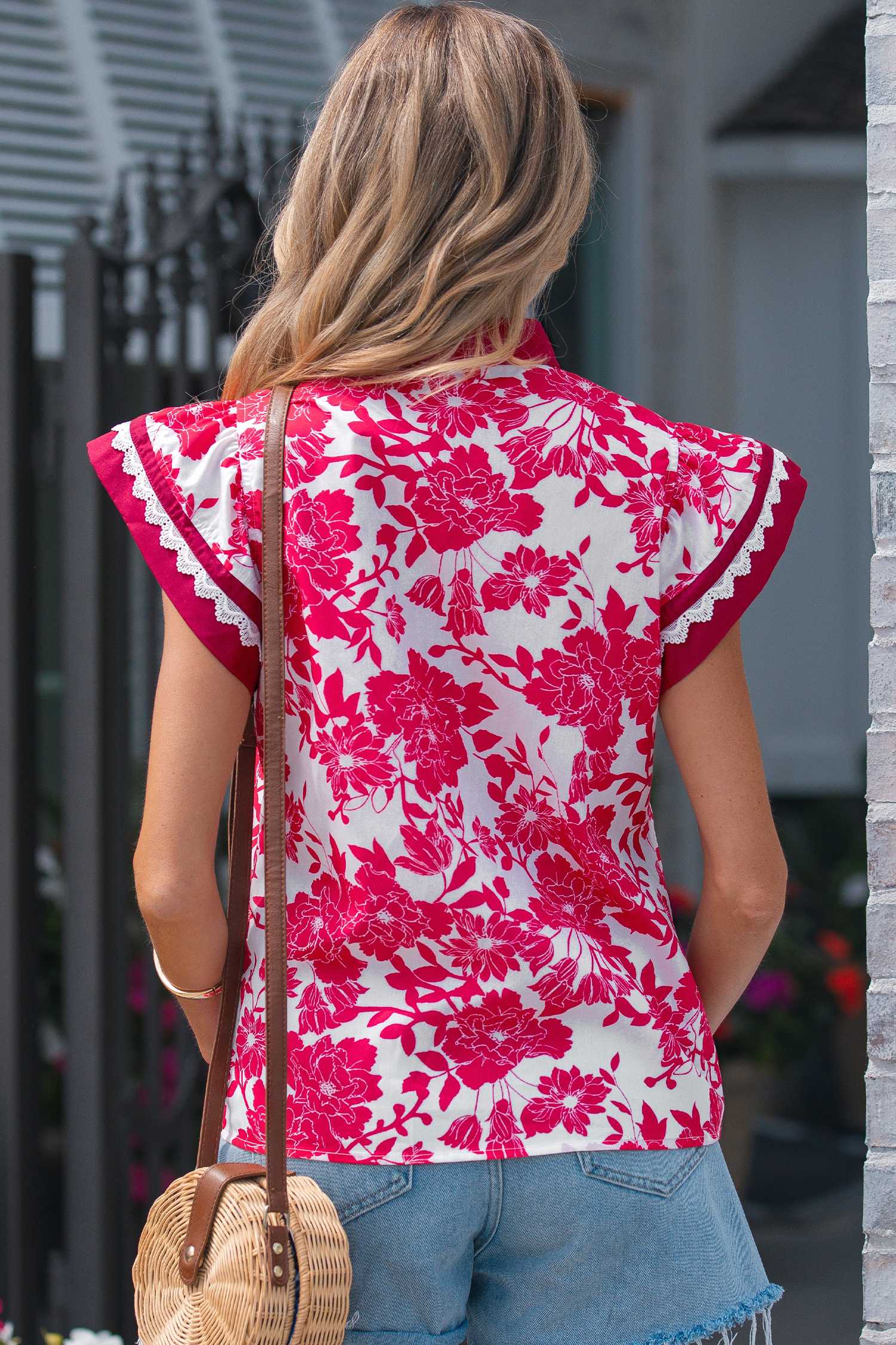 Red Floral Print Color Block Trim Lace Detail V Neck Flutter Sleeve Blouse view 2