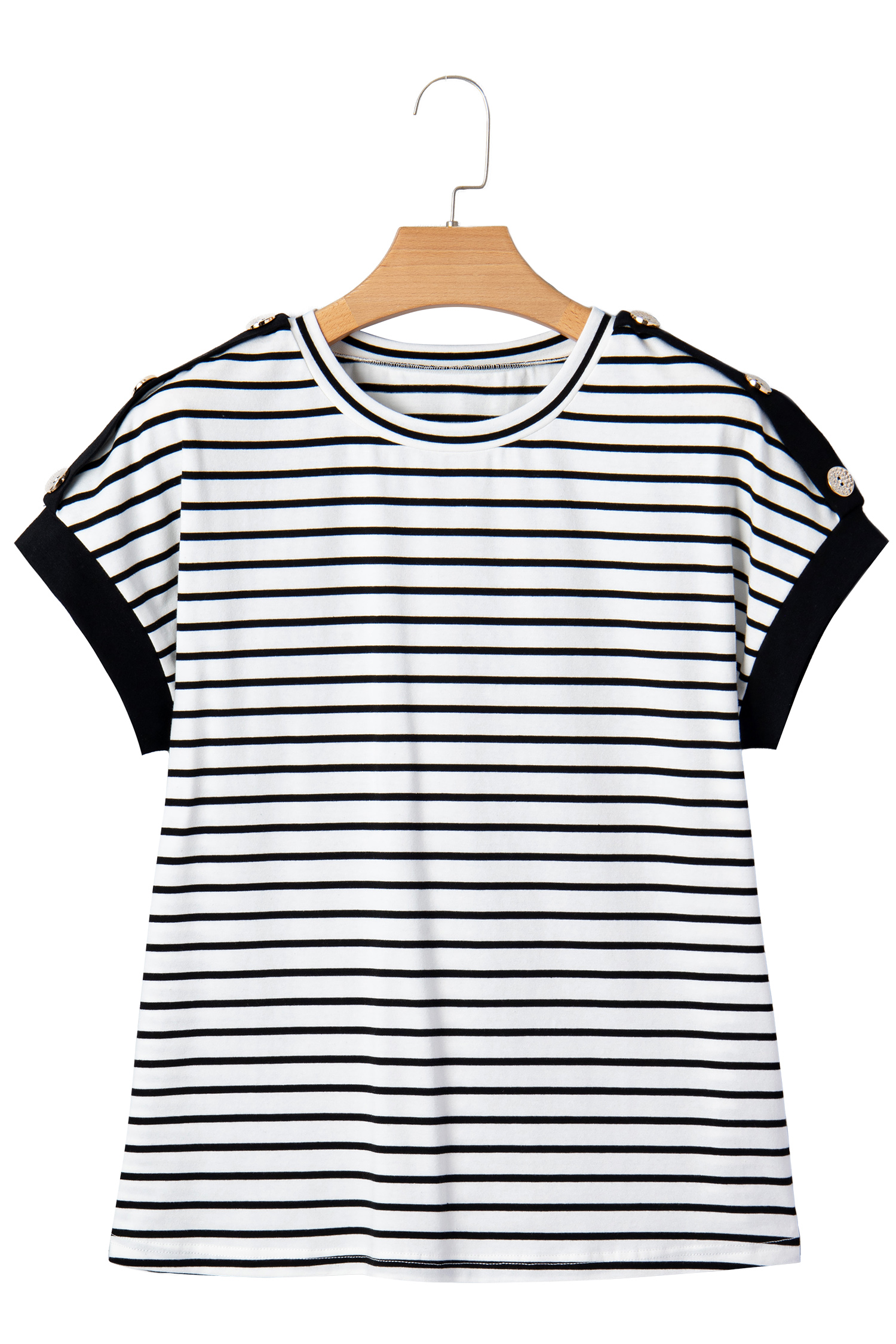Black Stripe Cuffed Sleeve Button Detail Loose Tee view 25