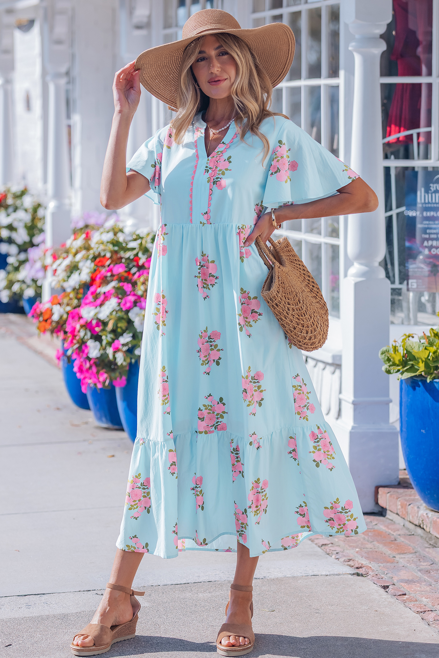 Sky Blue Notched Neck Flutter Short Sleeve Floral Print Maxi Dress view 6