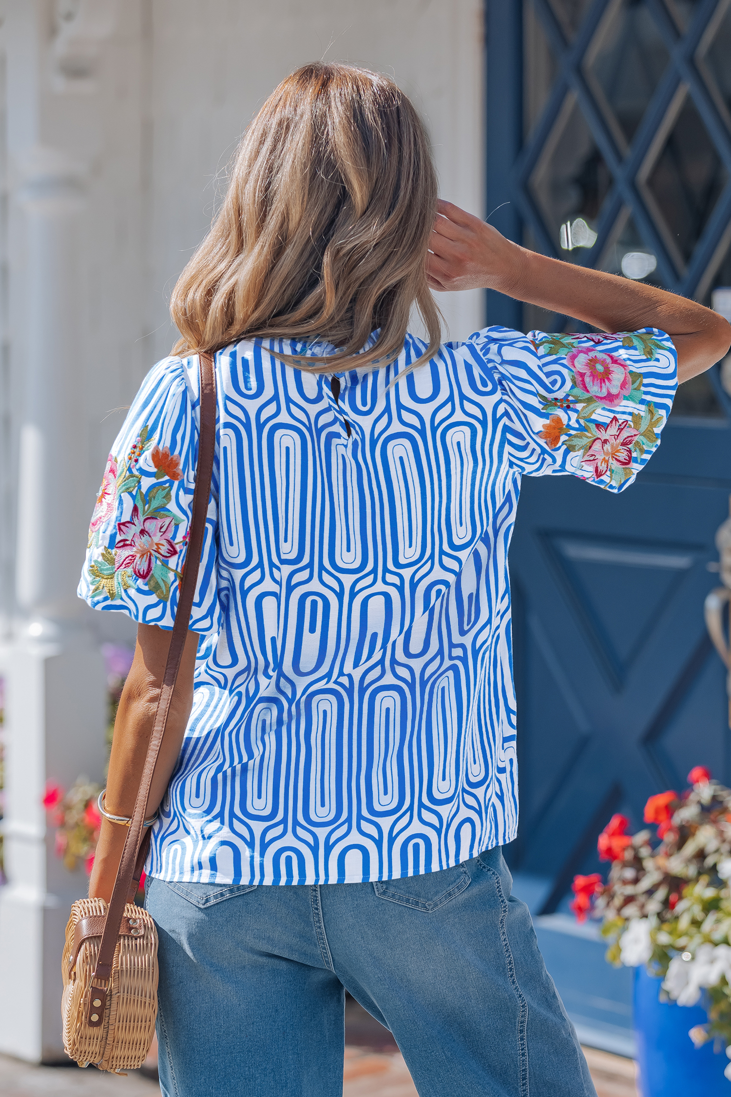Sky Blue Unique Geometry Print Floral Embroidered Puff Sleeve Blouse view 2