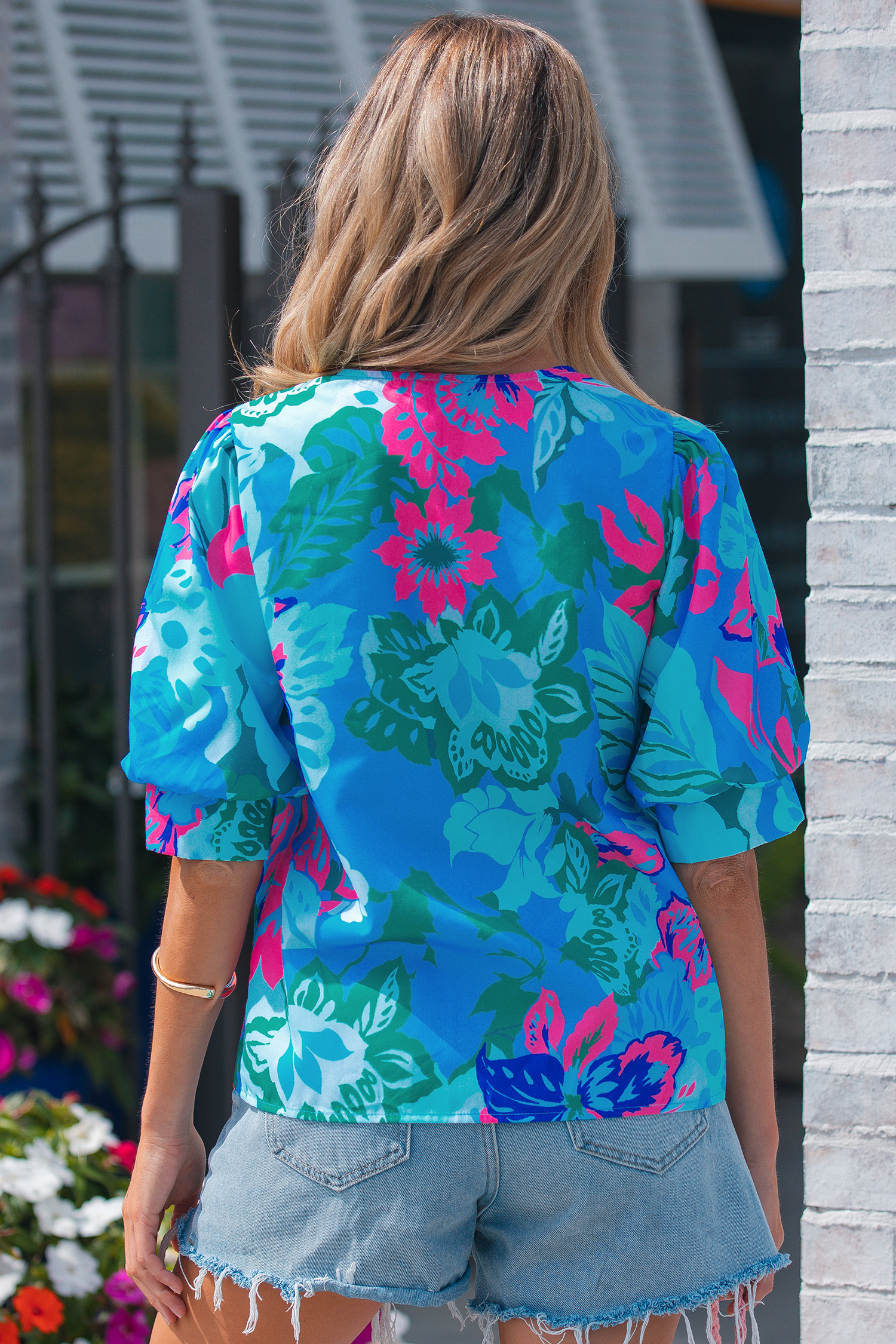 Sky Blue Floral Print V Neck Half Sleeve Blouse view 2