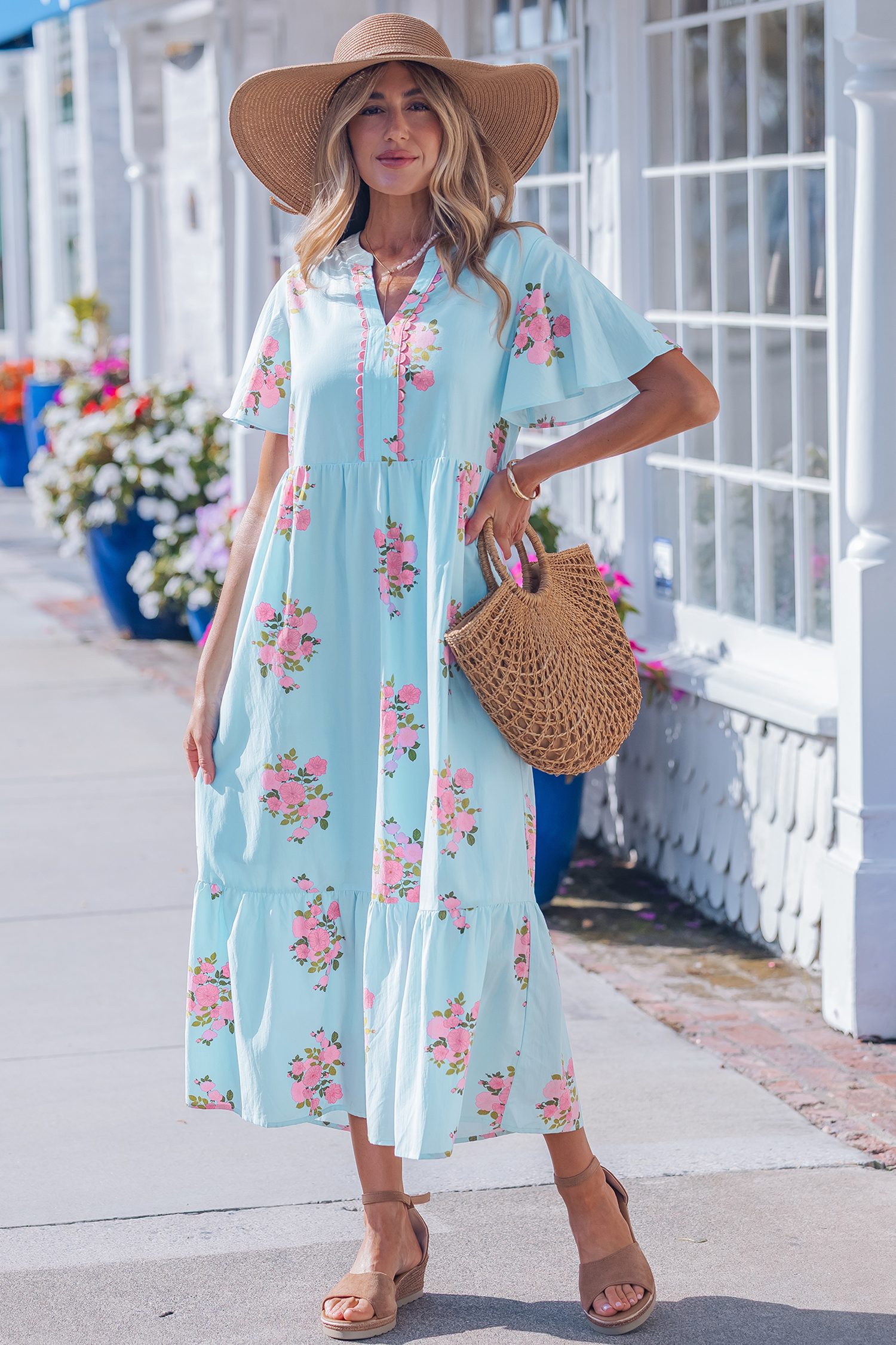 Sky Blue Notched Neck Flutter Short Sleeve Floral Print Maxi Dress view 7