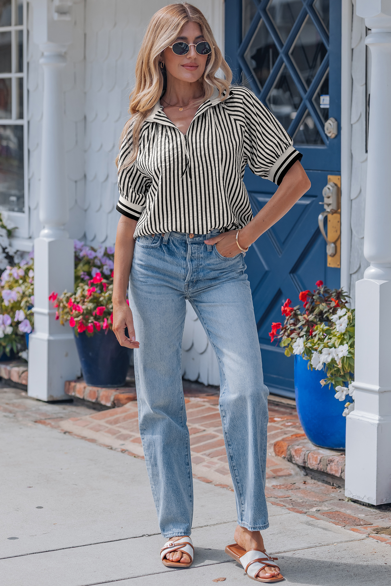 Black Stripe Polo Collar Half Zip Short Puff Sleeve Blouse view 6