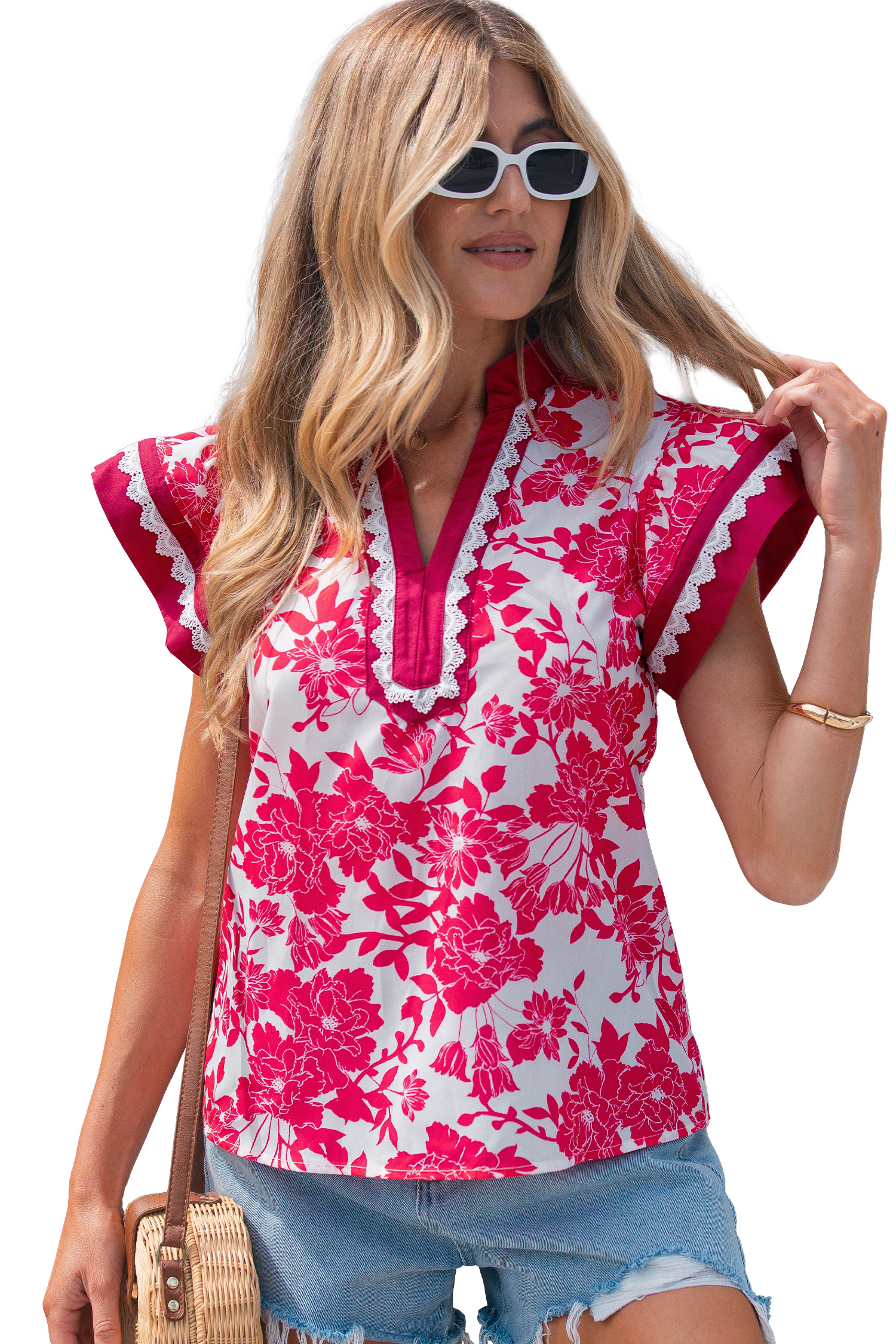 Red Floral Print Color Block Trim Lace Detail V Neck Flutter Sleeve Blouse view 21