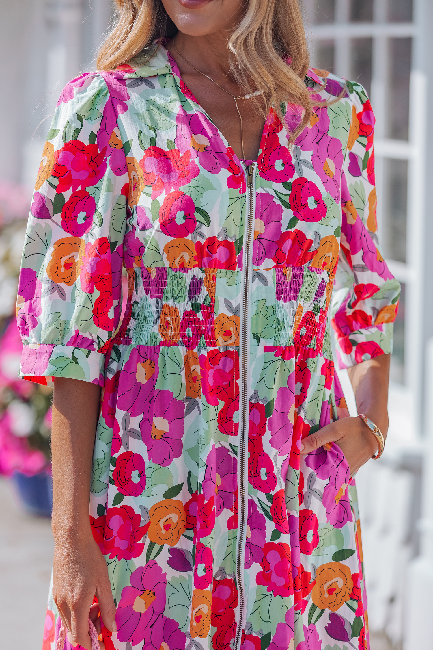 Rose Vibrant Floral Print V Neck Zip Up Puffy Half Sleeve Dress view 8