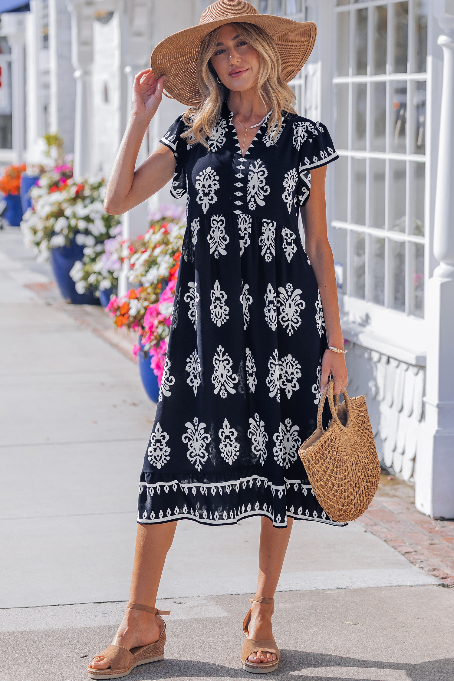 Blue Western Ethnic Print Notched Neck Short Sleeve Midi Dress view 4
