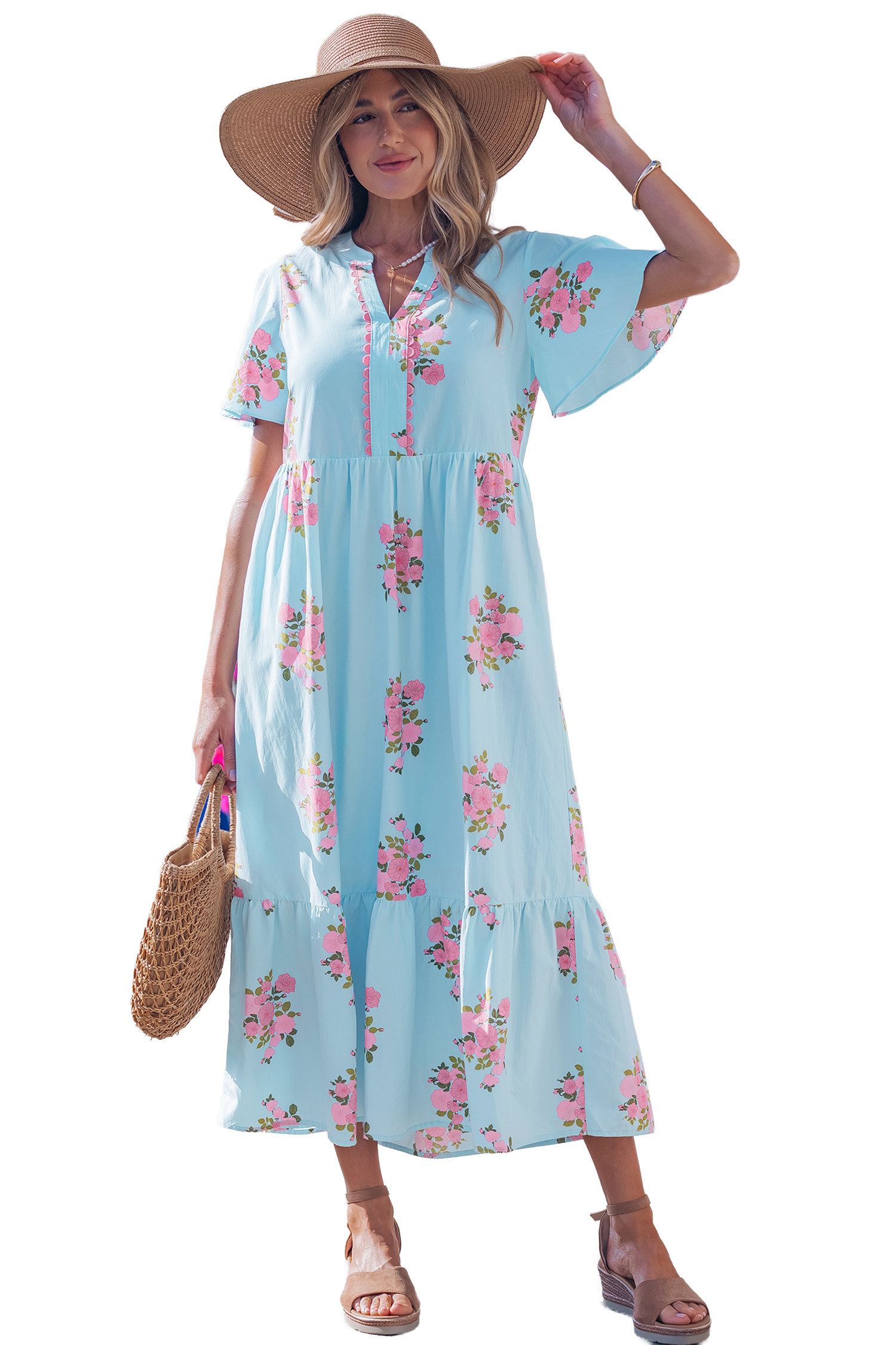 Sky Blue Notched Neck Flutter Short Sleeve Floral Print Maxi Dress view 29