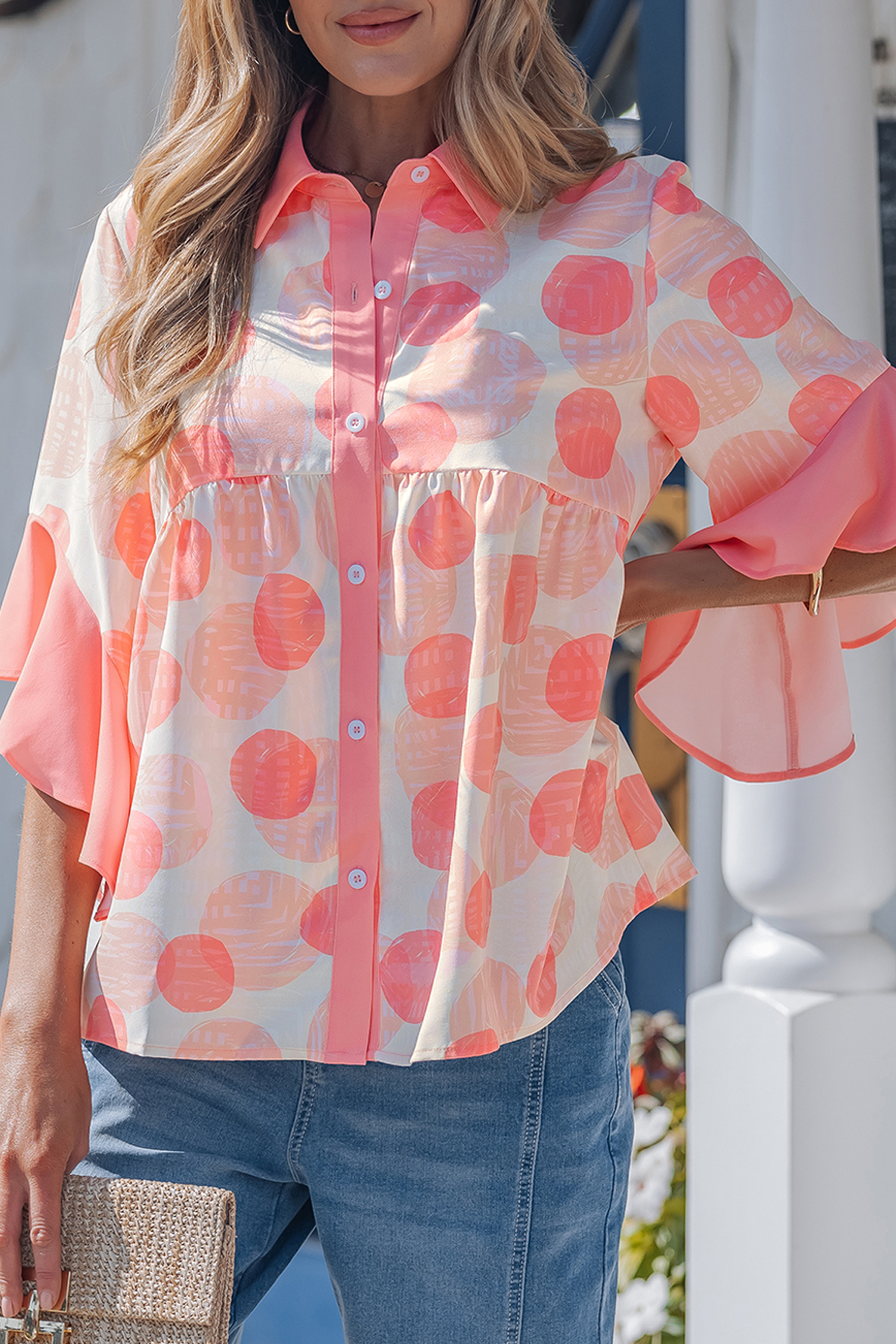 Pink Double Polka Dot Printed Ruffle Trim Short Sleeve Babydoll Shirt view 7