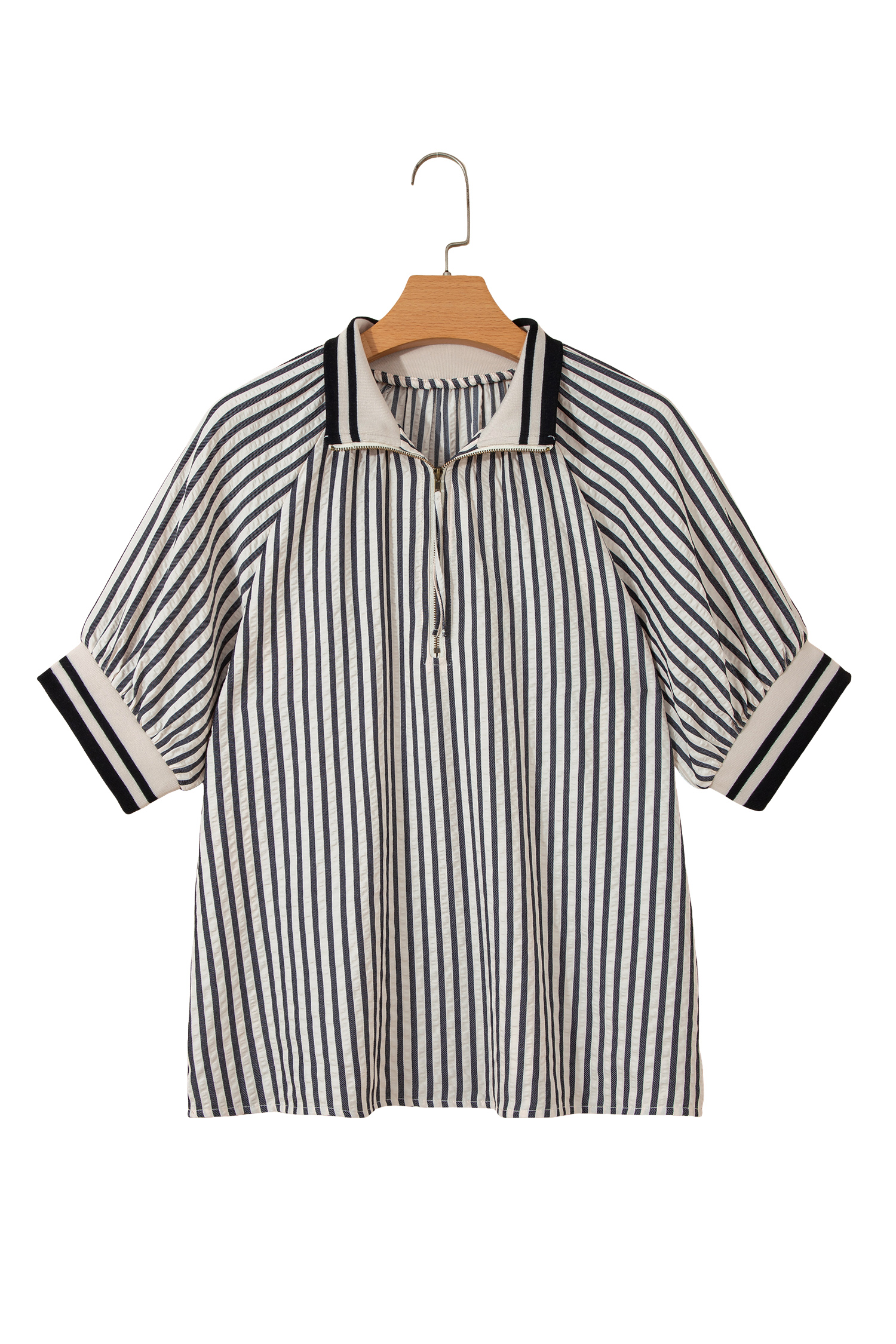 Black Stripe Polo Collar Half Zip Short Puff Sleeve Blouse view 26