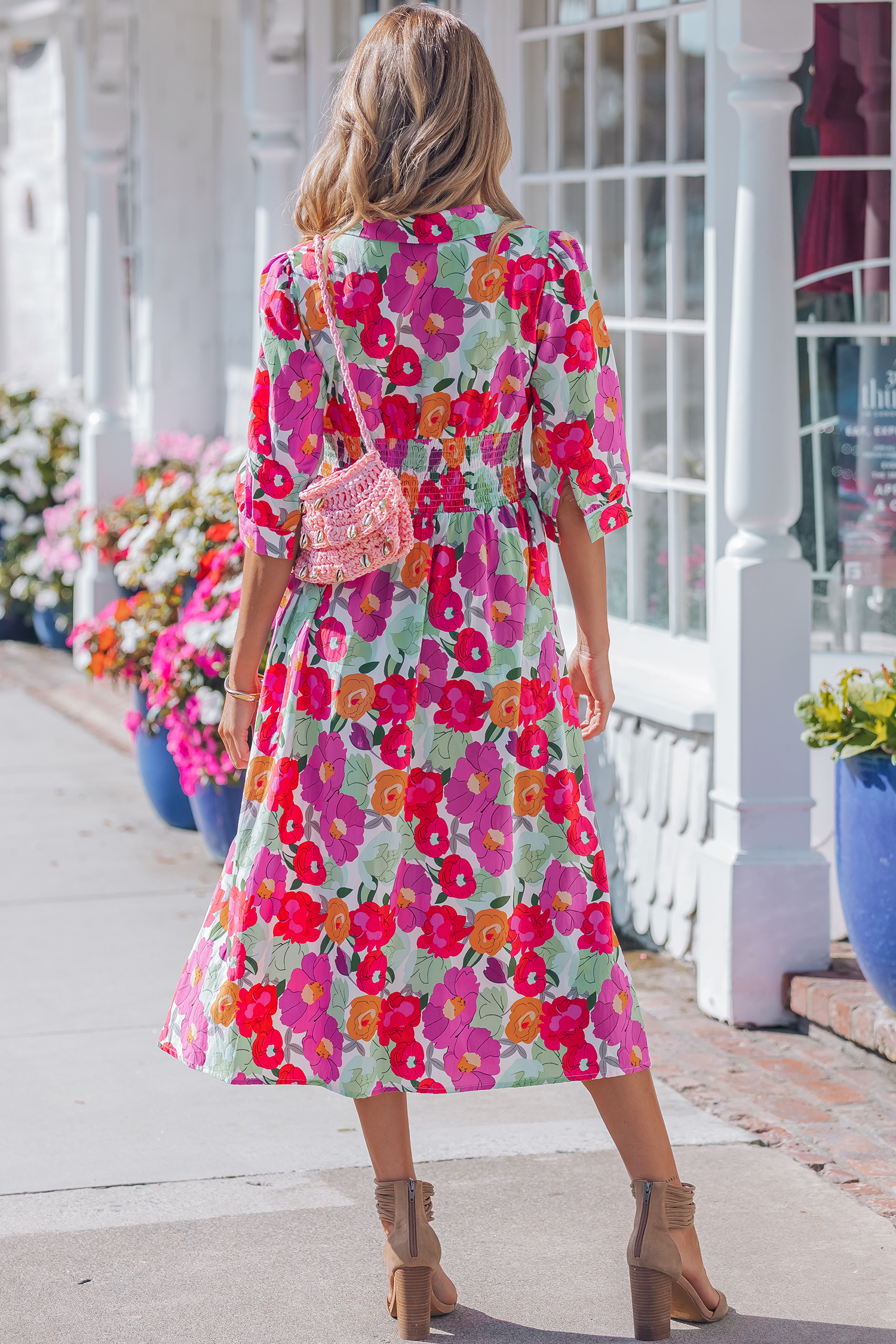 Rose Vibrant Floral Print V Neck Zip Up Puffy Half Sleeve Dress view 2
