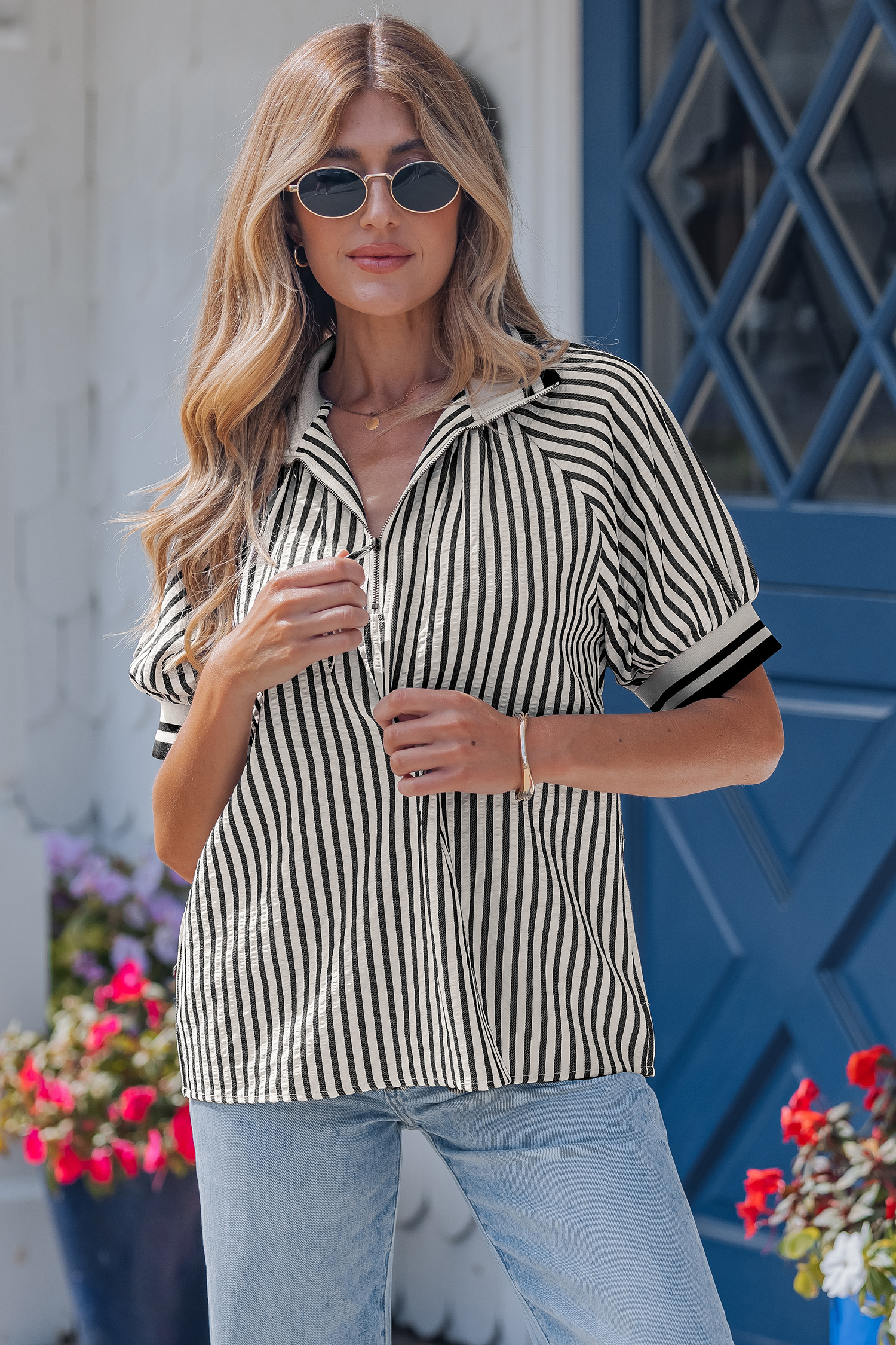 Black Stripe Polo Collar Half Zip Short Puff Sleeve Blouse view 2