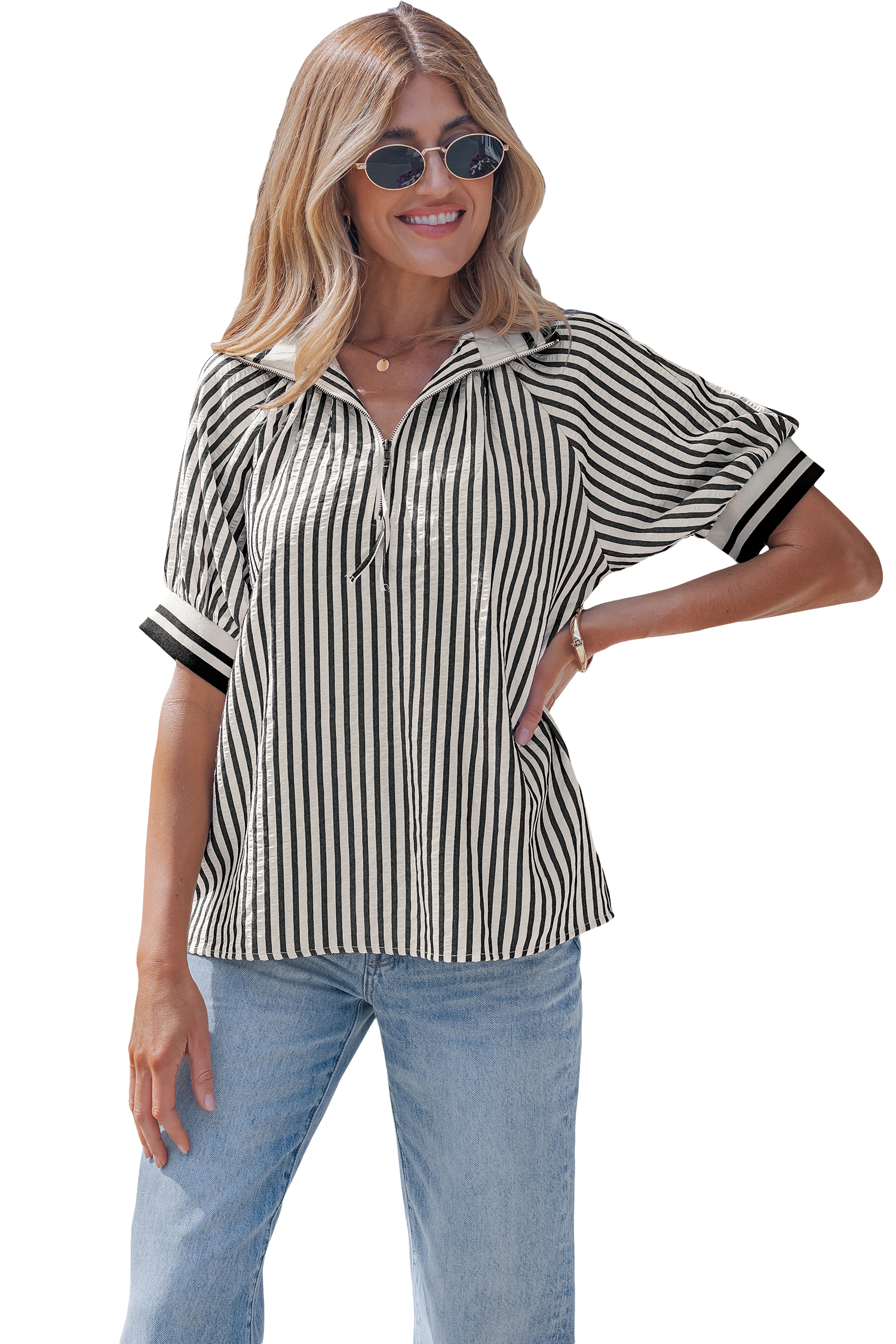 Black Stripe Polo Collar Half Zip Short Puff Sleeve Blouse view 25