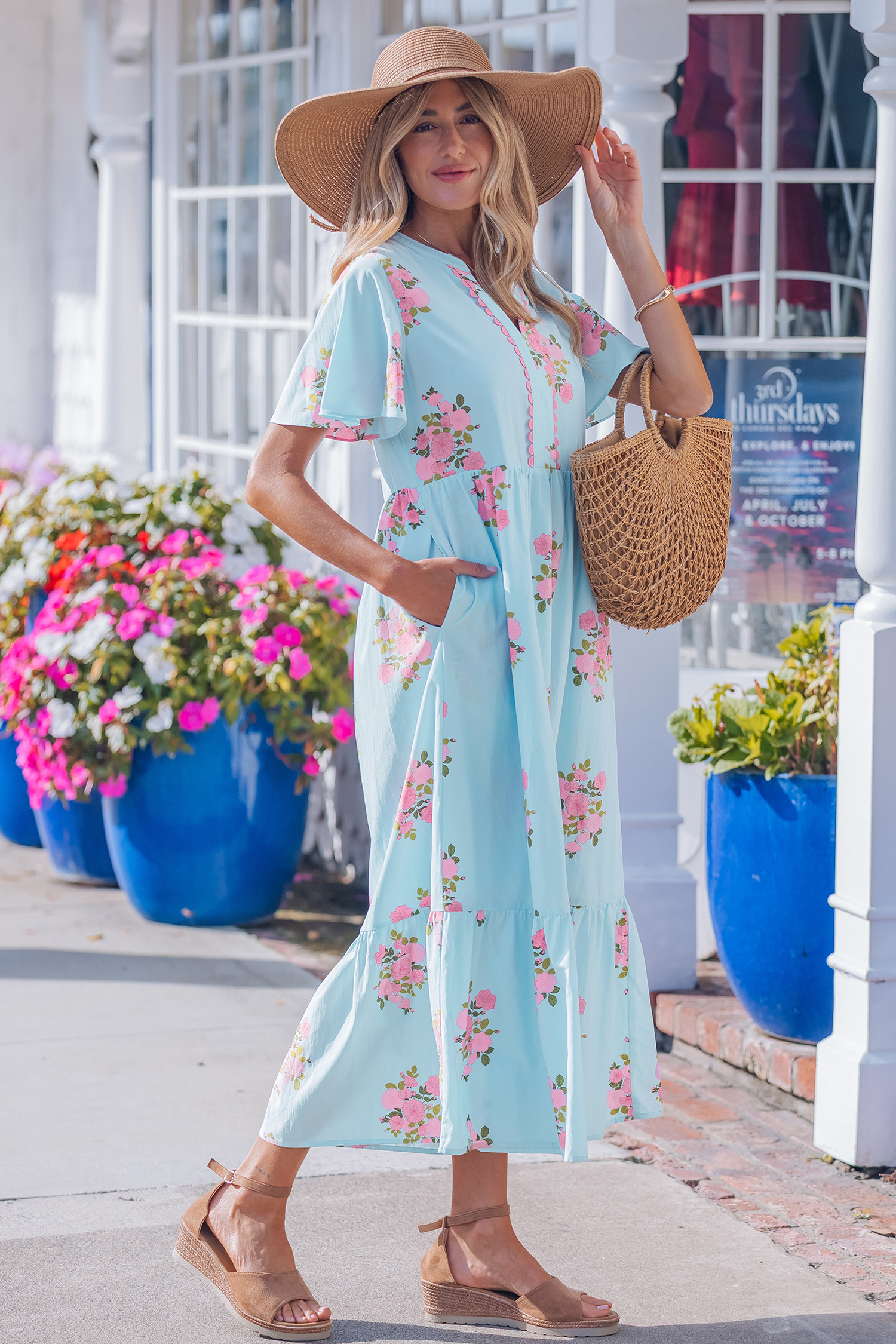 Sky Blue Notched Neck Flutter Short Sleeve Floral Print Maxi Dress view 3