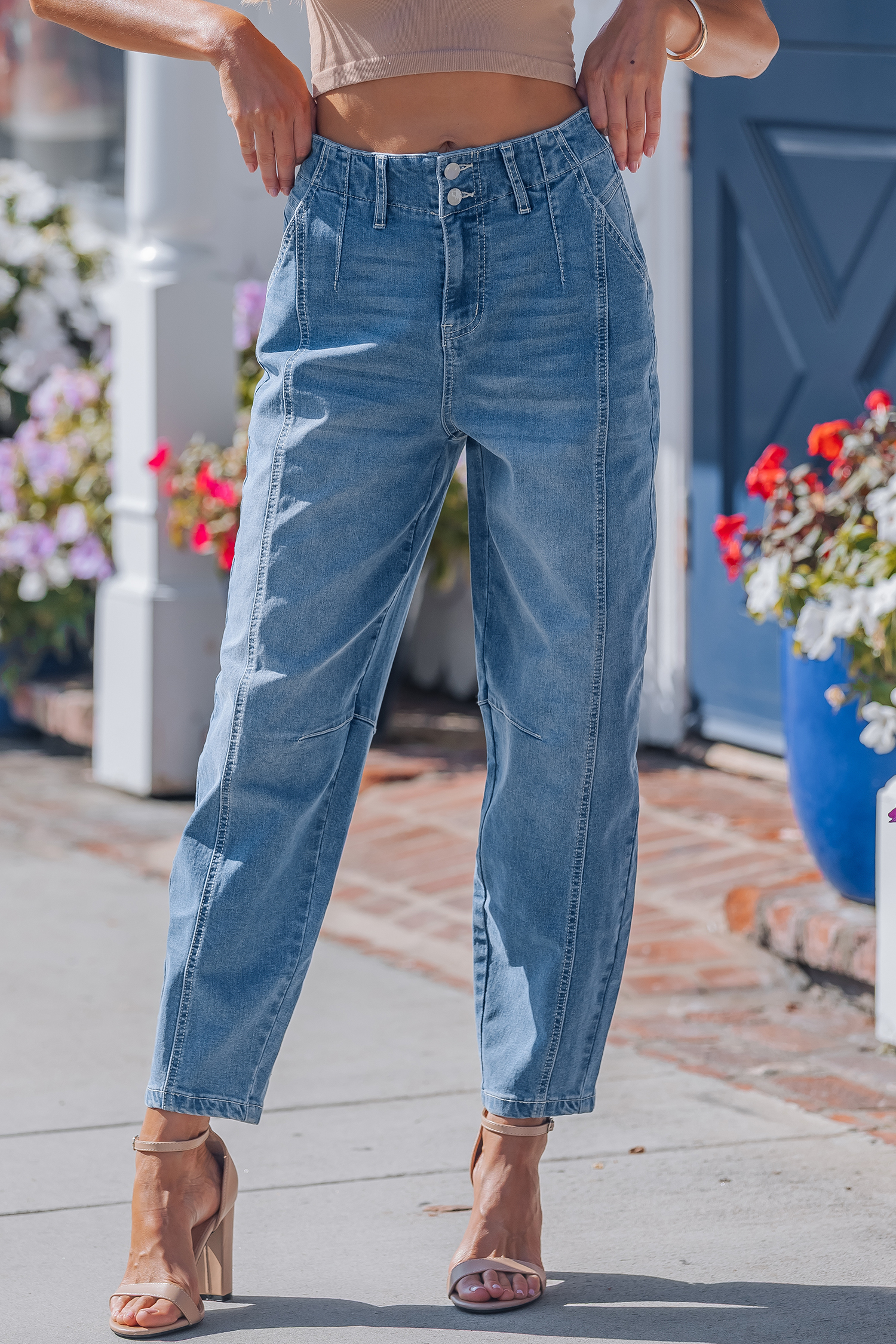 Sky Blue Medium Wash Cuffed Barrel Jeans view 11