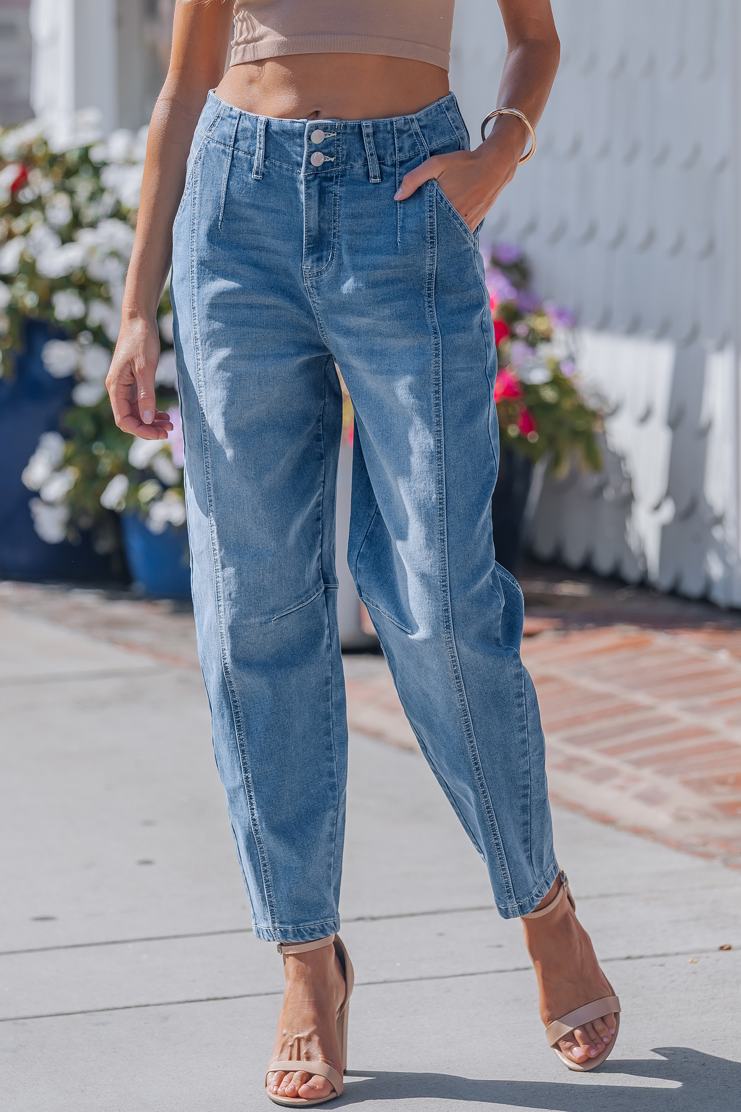 Sky Blue Medium Wash Cuffed Barrel Jeans view 10