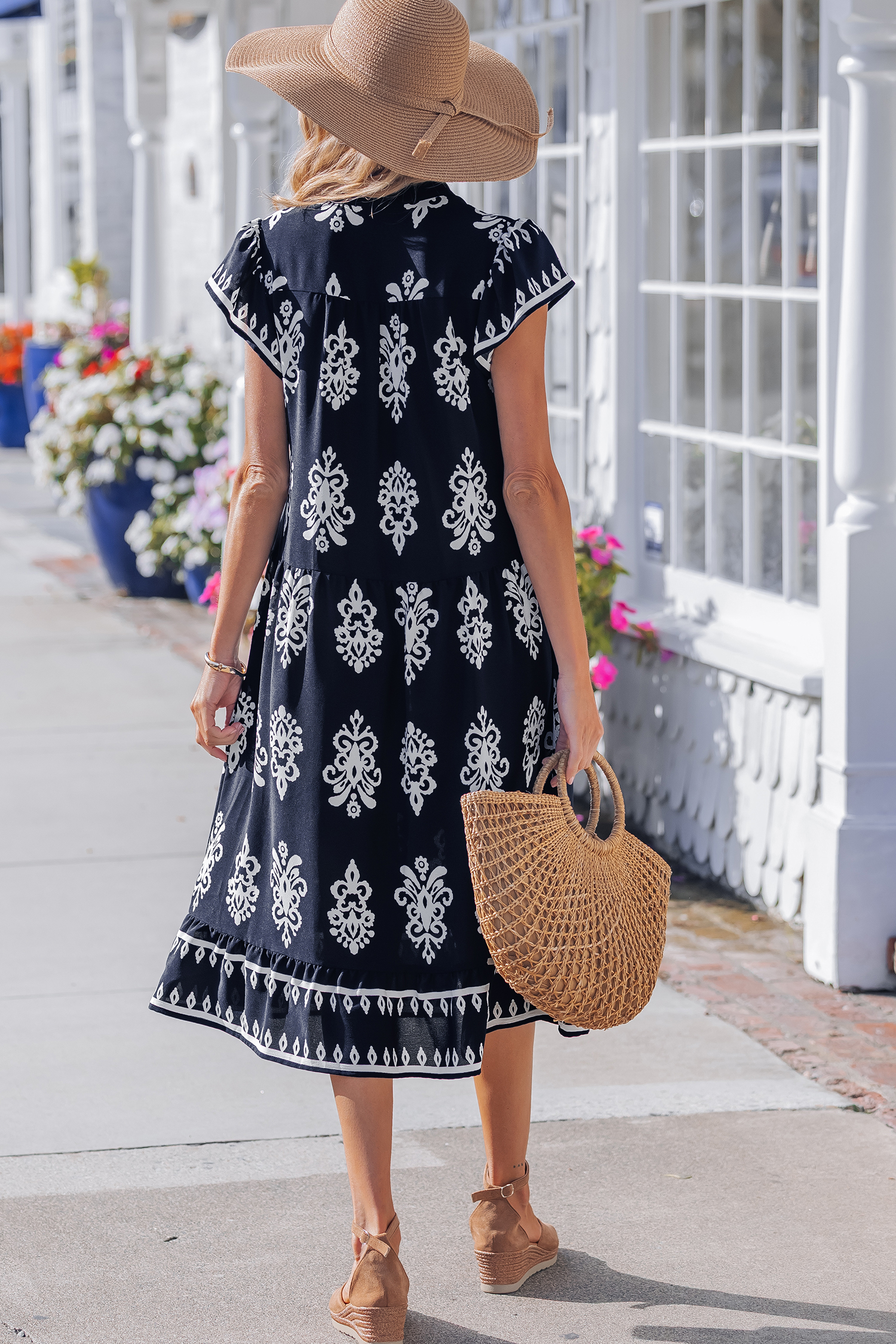 Blue Western Ethnic Print Notched Neck Short Sleeve Midi Dress view 2