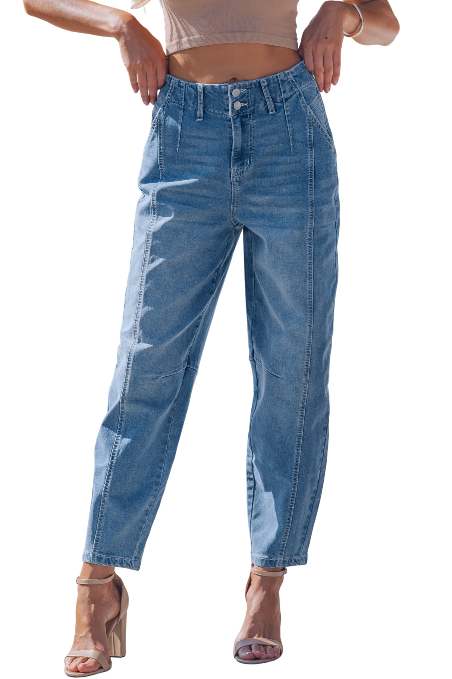 Sky Blue Medium Wash Cuffed Barrel Jeans view 21