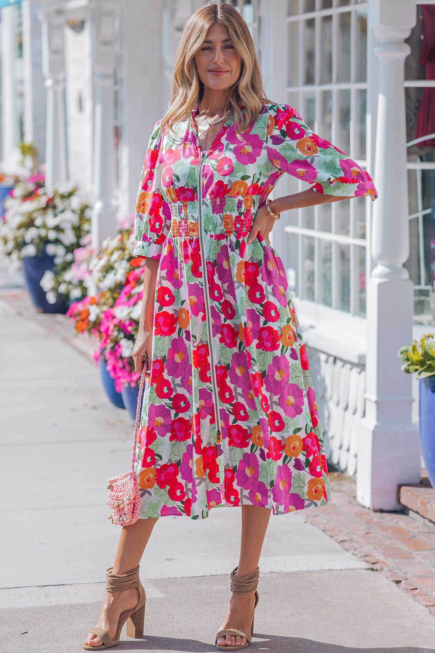 Rose Vibrant Floral Print V Neck Zip Up Puffy Half Sleeve Dress view 4