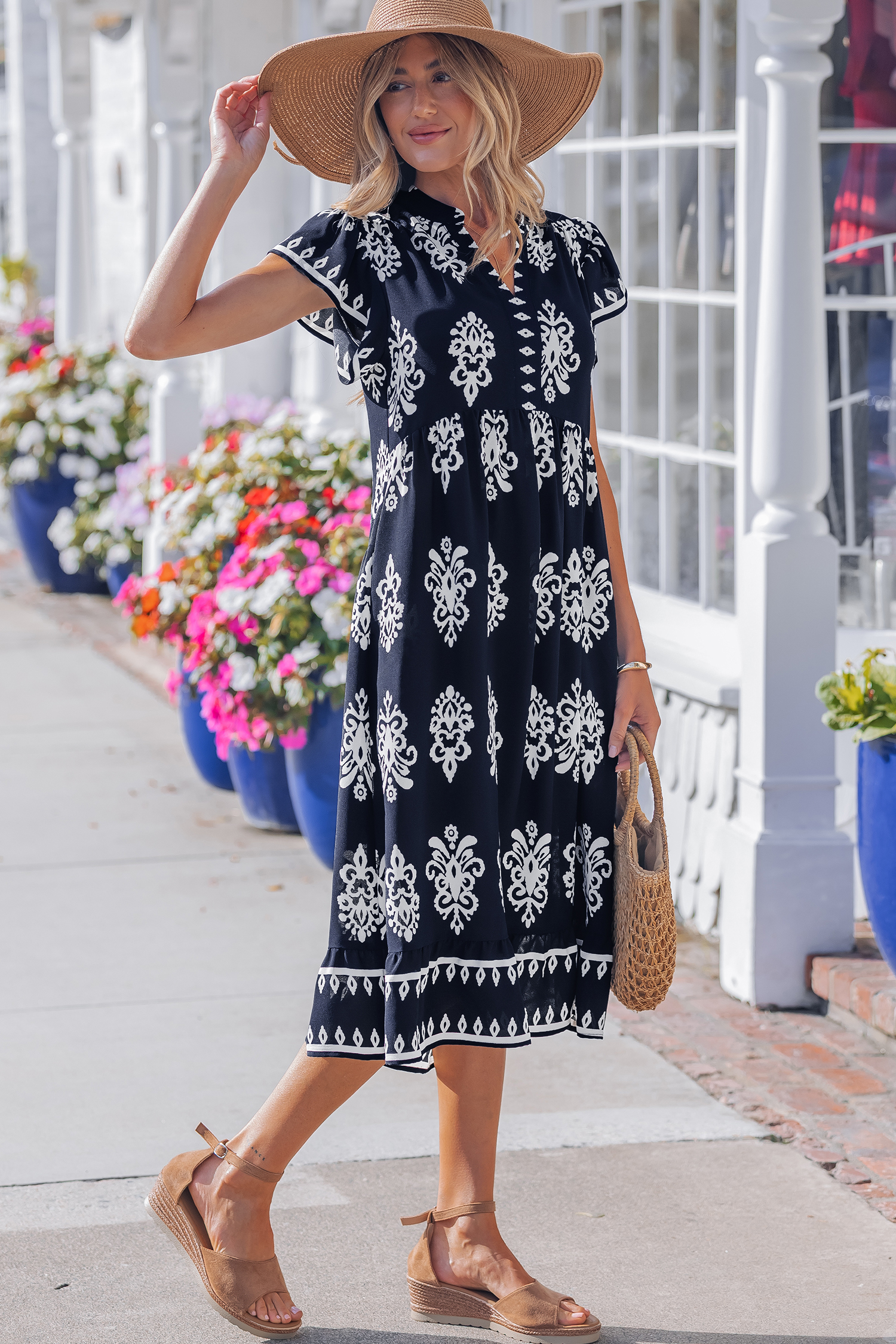 Blue Western Ethnic Print Notched Neck Short Sleeve Midi Dress view 7