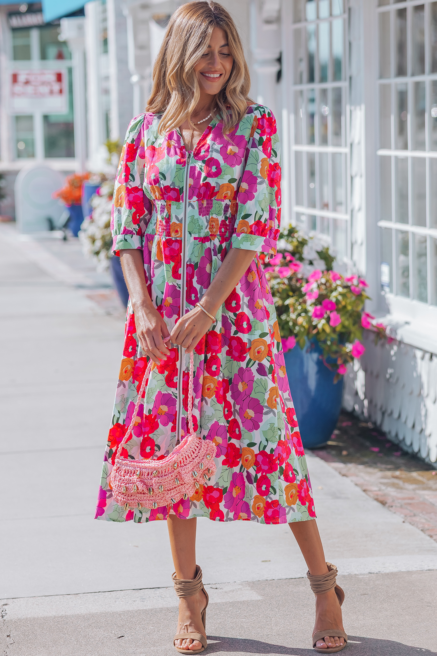Rose Vibrant Floral Print V Neck Zip Up Puffy Half Sleeve Dress view 5