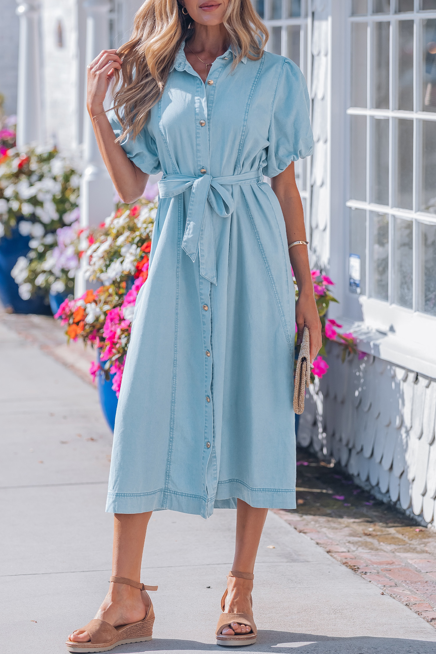 Beau Blue Full Buttons Collared Short Bubble Sleeve Long Denim Dress view 8