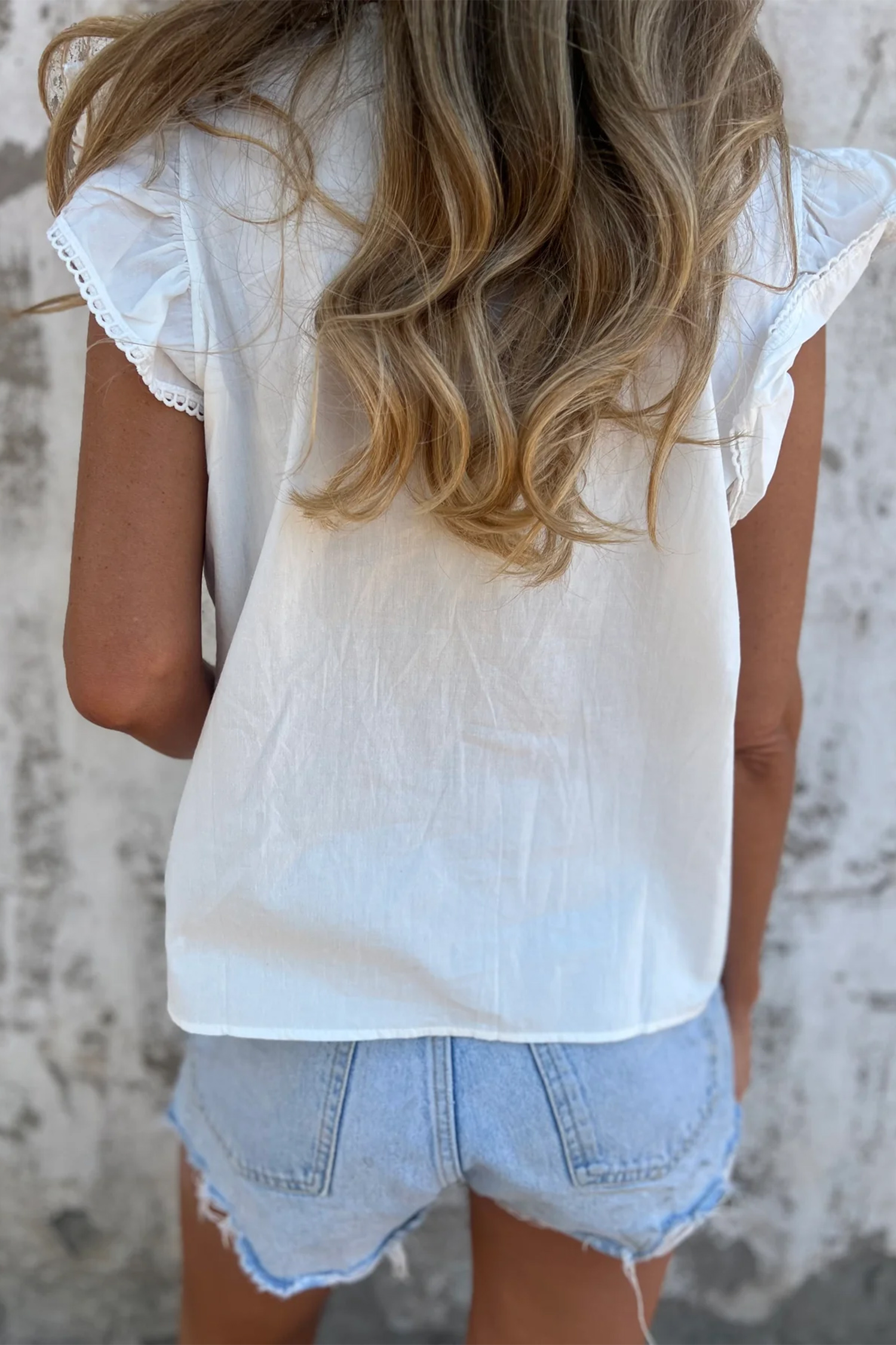 White Lace Detail Flutter Sleeve Pleated Round Neck Blouse view 2