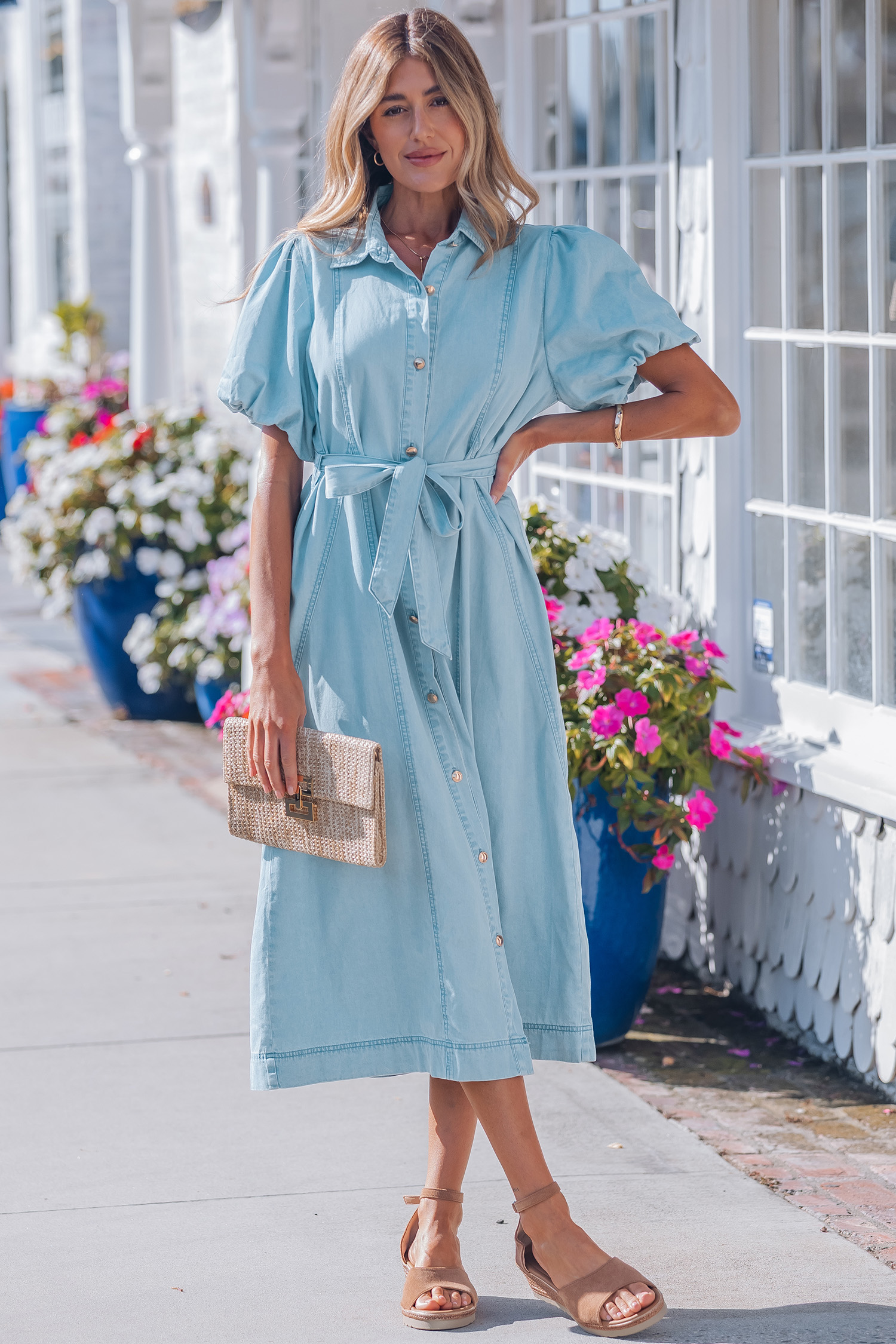 Beau Blue Full Buttons Collared Short Bubble Sleeve Long Denim Dress view 5