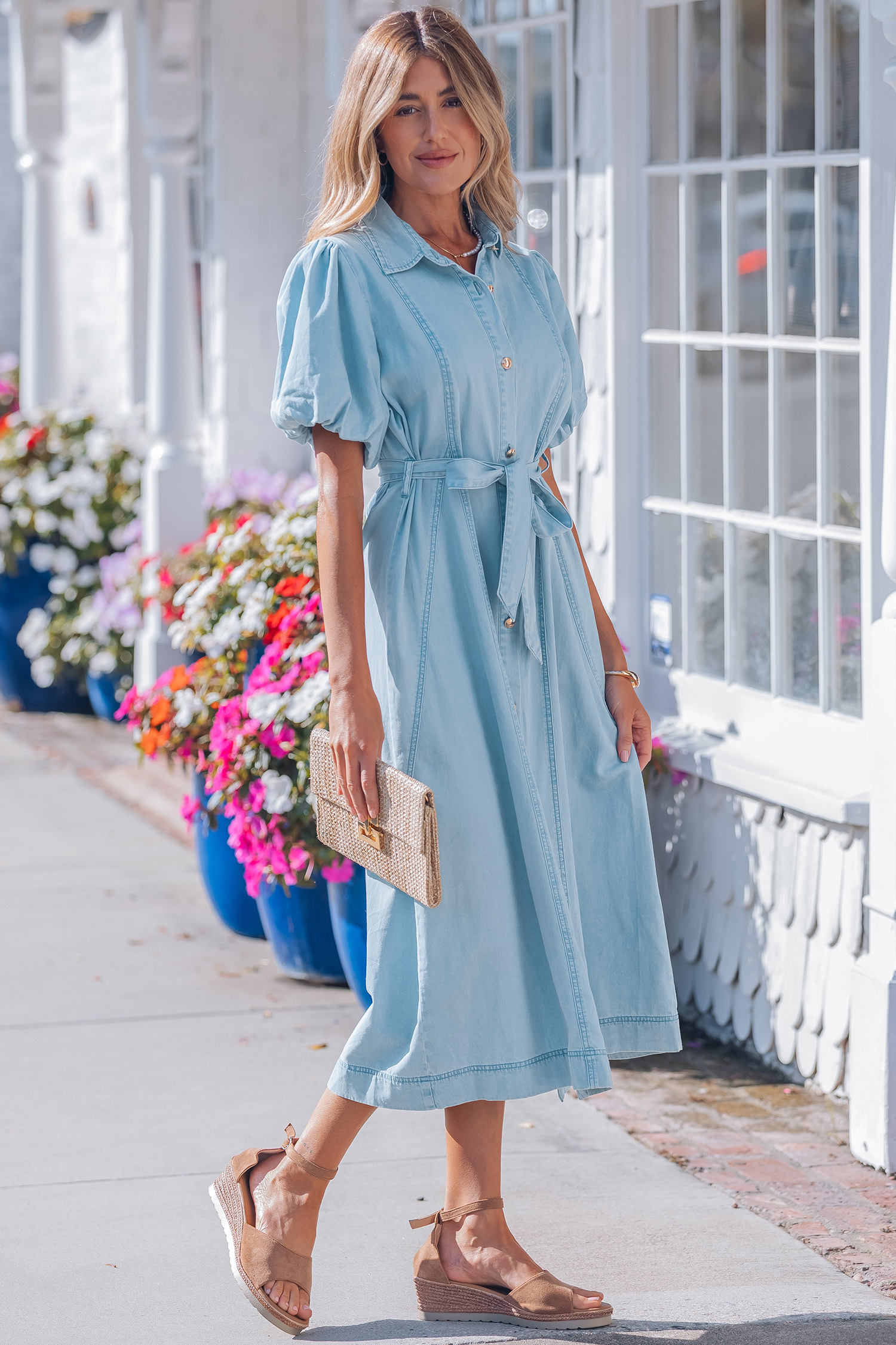 Beau Blue Full Buttons Collared Short Bubble Sleeve Long Denim Dress view 3