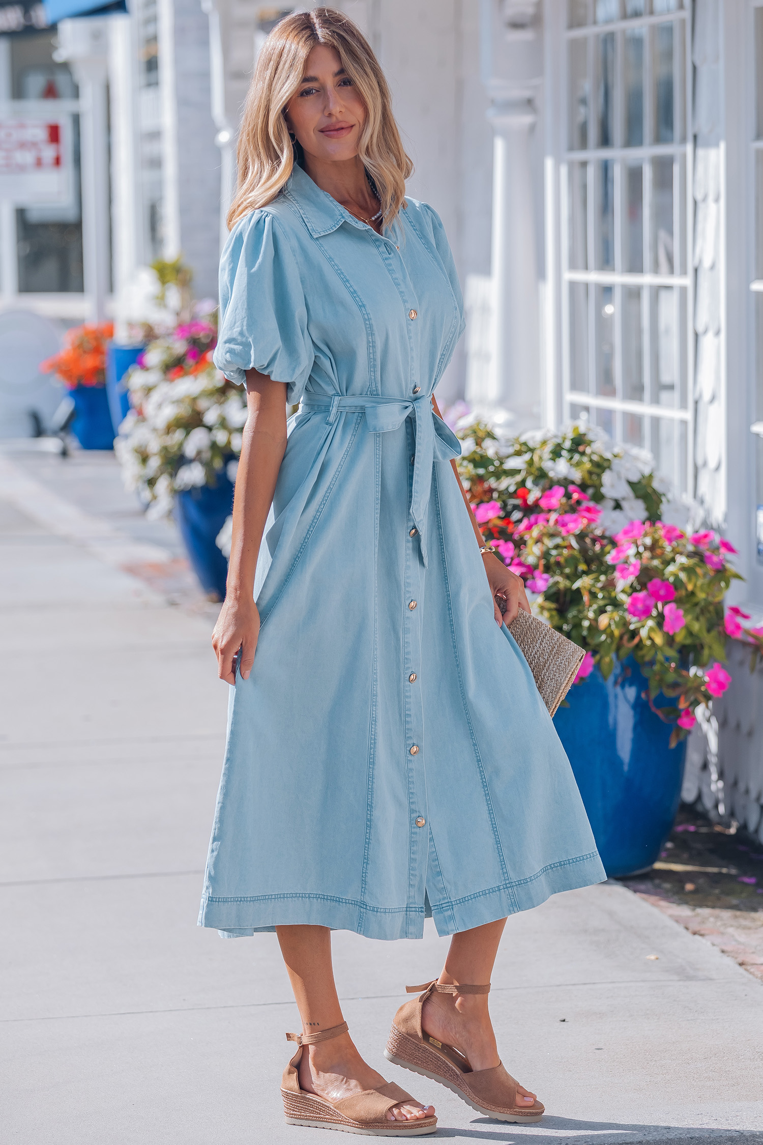 Beau Blue Full Buttons Collared Short Bubble Sleeve Long Denim Dress view 4