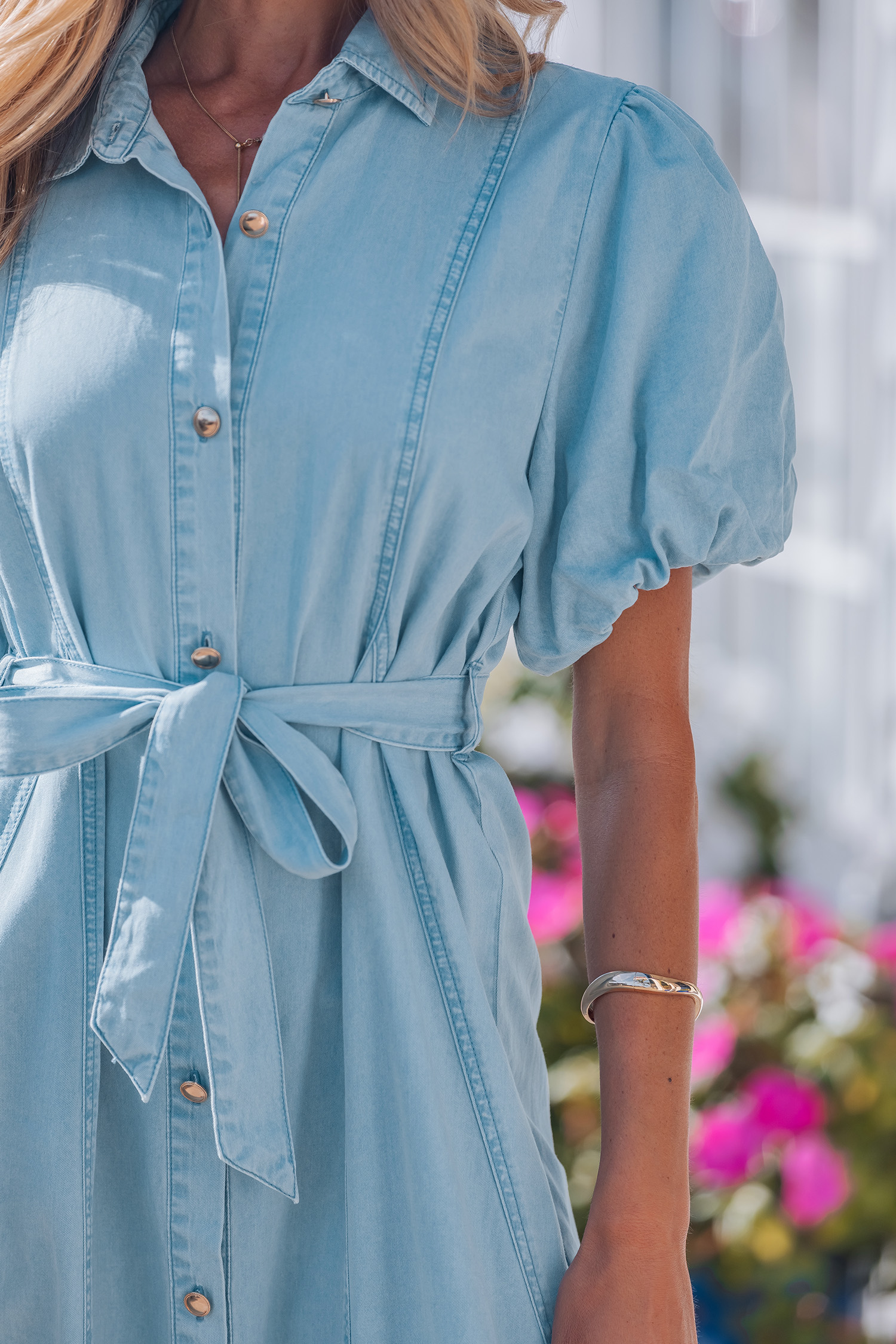 Beau Blue Full Buttons Collared Short Bubble Sleeve Long Denim Dress view 7